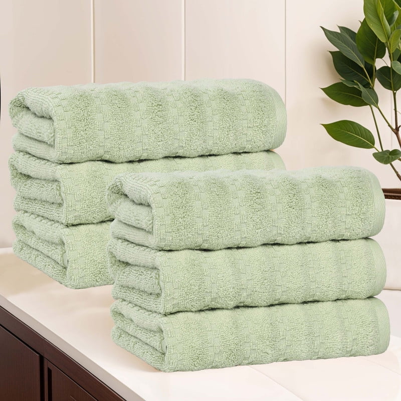Superior Zuma Waffle Textured Stripes Cotton 6 Piece Hand Towel Set, Zero Twist Absorbent Towels, Green