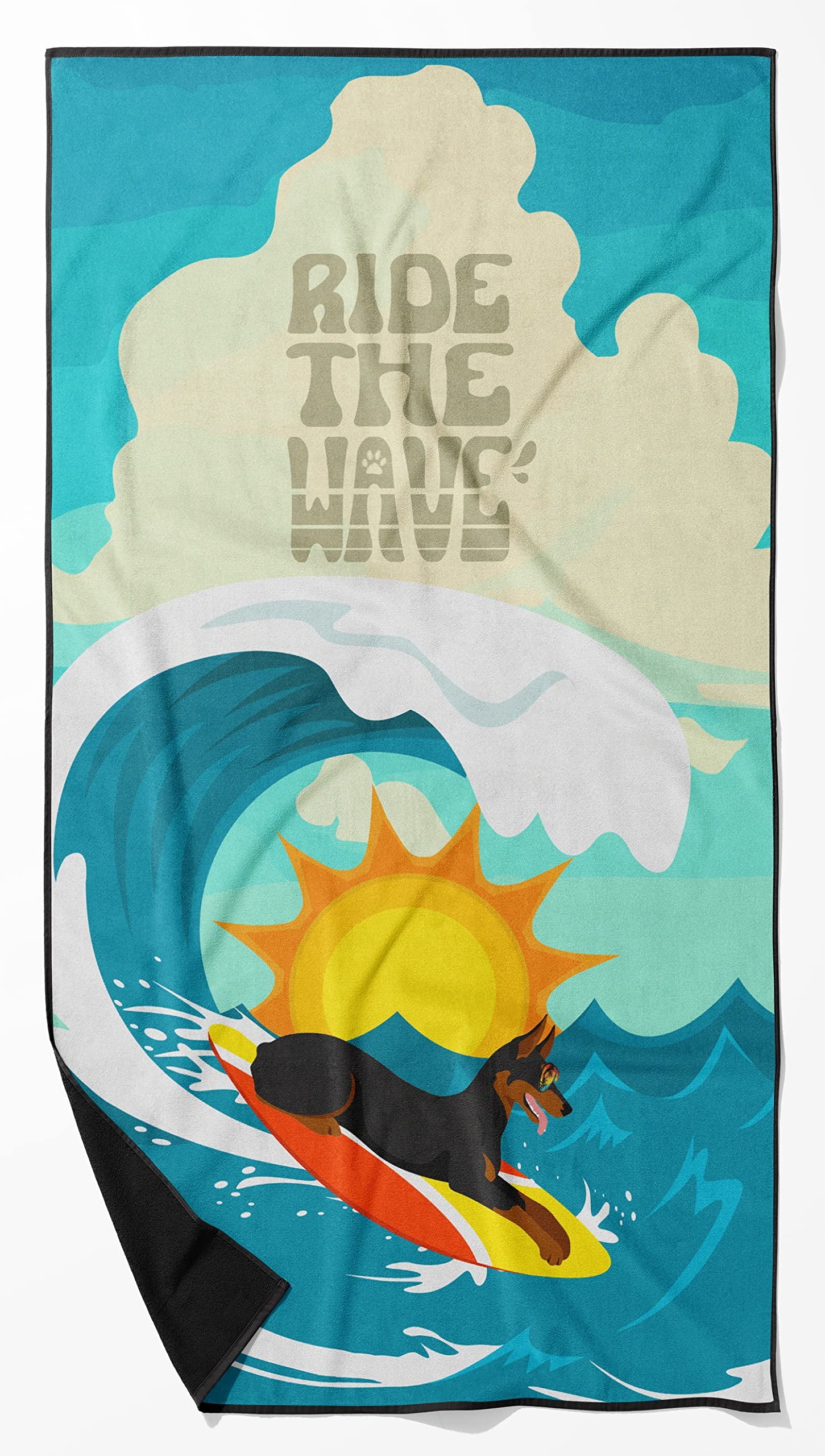 Surfer Dog Doberman Pinscher Premium Beach Towel 30 in x 60 in