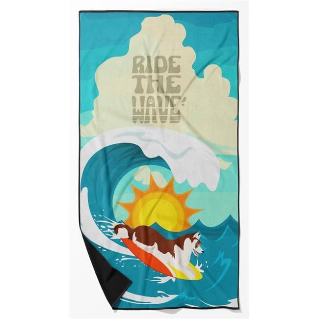 Surfer Dog Red White Siberian Husky Premium Beach Towel 30 in x 60 in