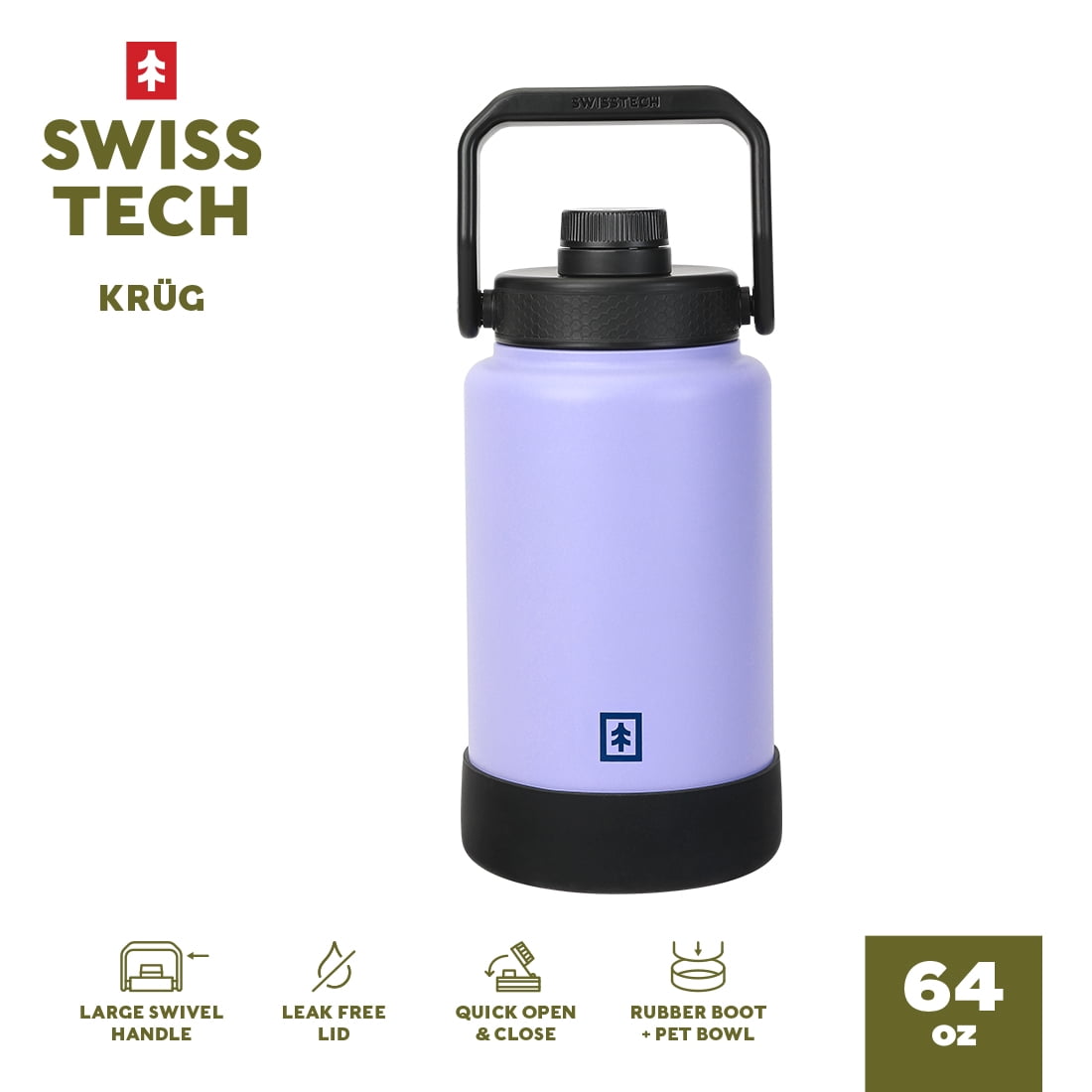 Swiss Tech 64oz Krug Stainless Steel Water Bottle Jug with Chug Cap and Silicone Boot, Purple Lilac