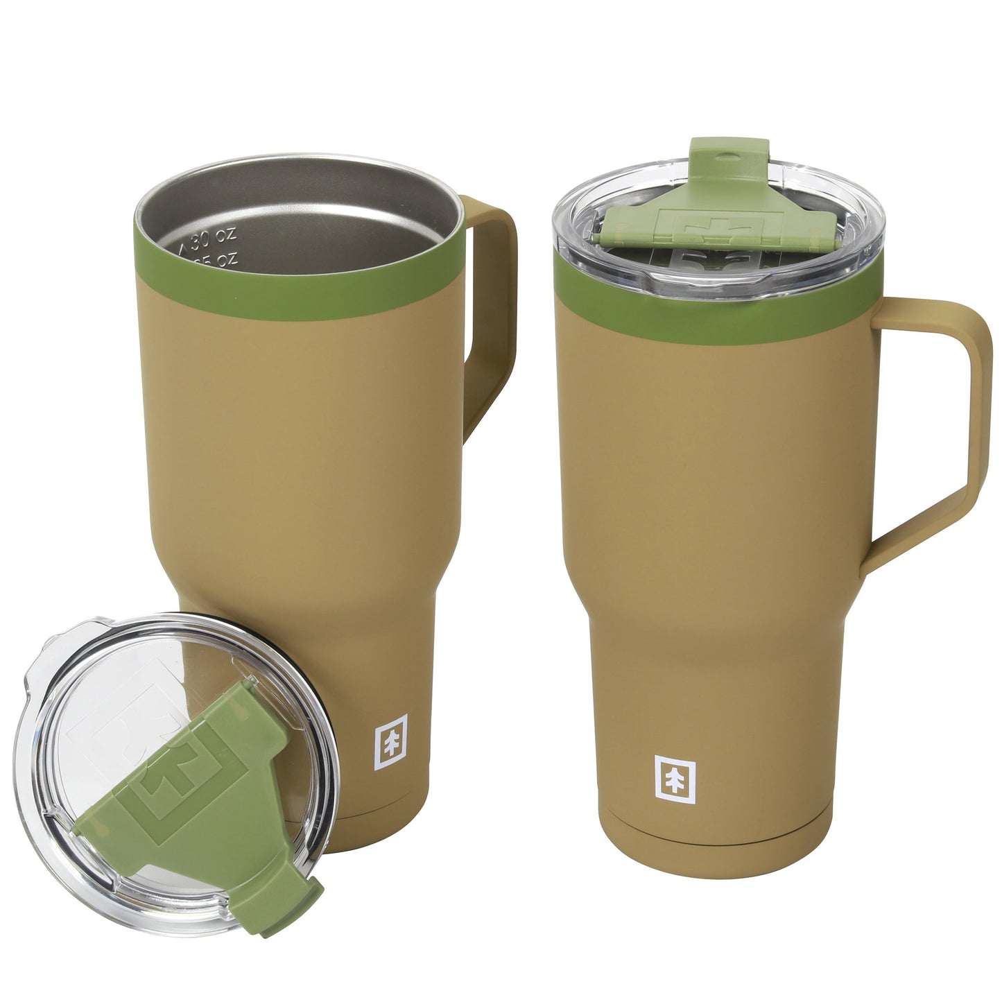 Swiss Tech Stainless Steel Insulated Tumbler with Mug Handle and Leakproof Locking Lid 30oz, 2 pack, Soft Touch Tan