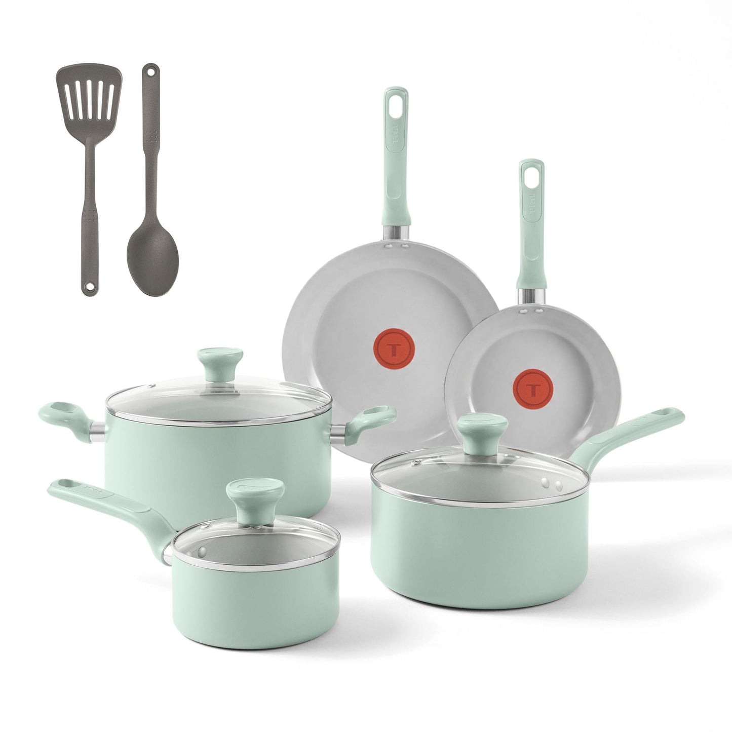 T-fal Easy Care 10 Piece Ceramic Nonstick Cookware Set, Pots and Pans, Mint Green