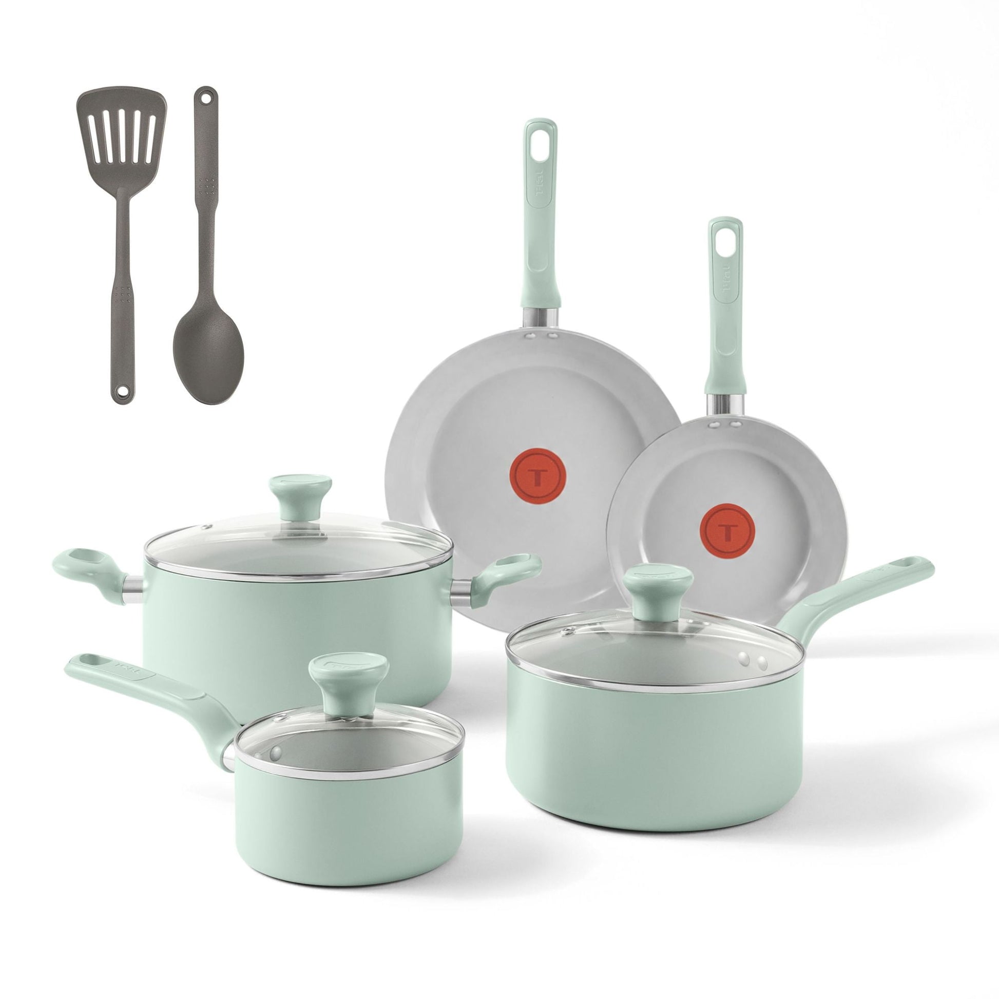 T-fal Easy Care 10 Piece Ceramic Nonstick Cookware Set, Pots and Pans, Mint Green