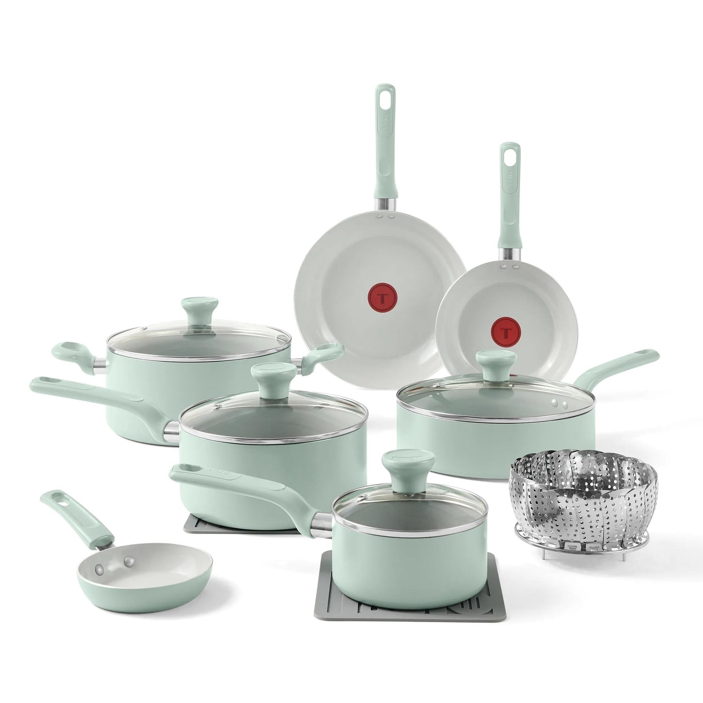 T-fal Easy Care 18 Piece Ceramic Nonstick Cookware Set, Pots and Pans, Mint Green