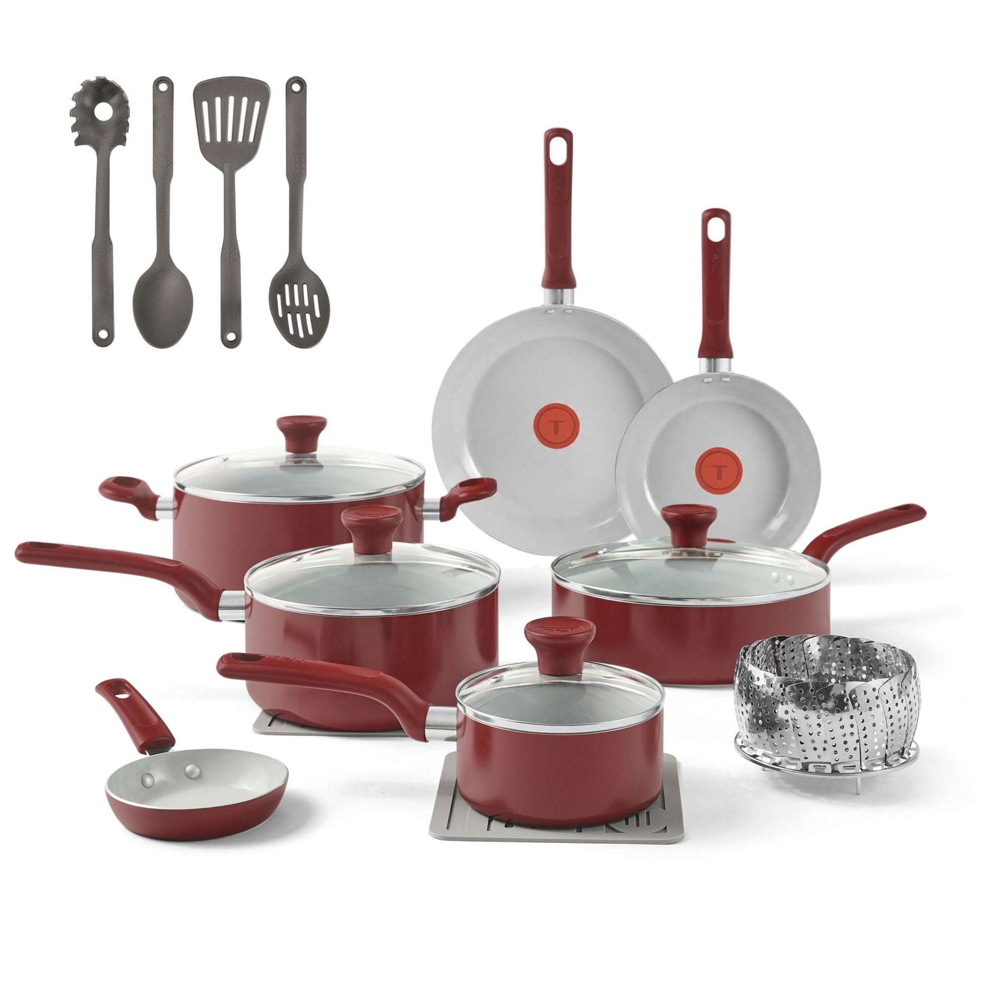 T-fal Easy Care 18 Piece Ceramic Nonstick Cookware Set, Pots and Pans, Red