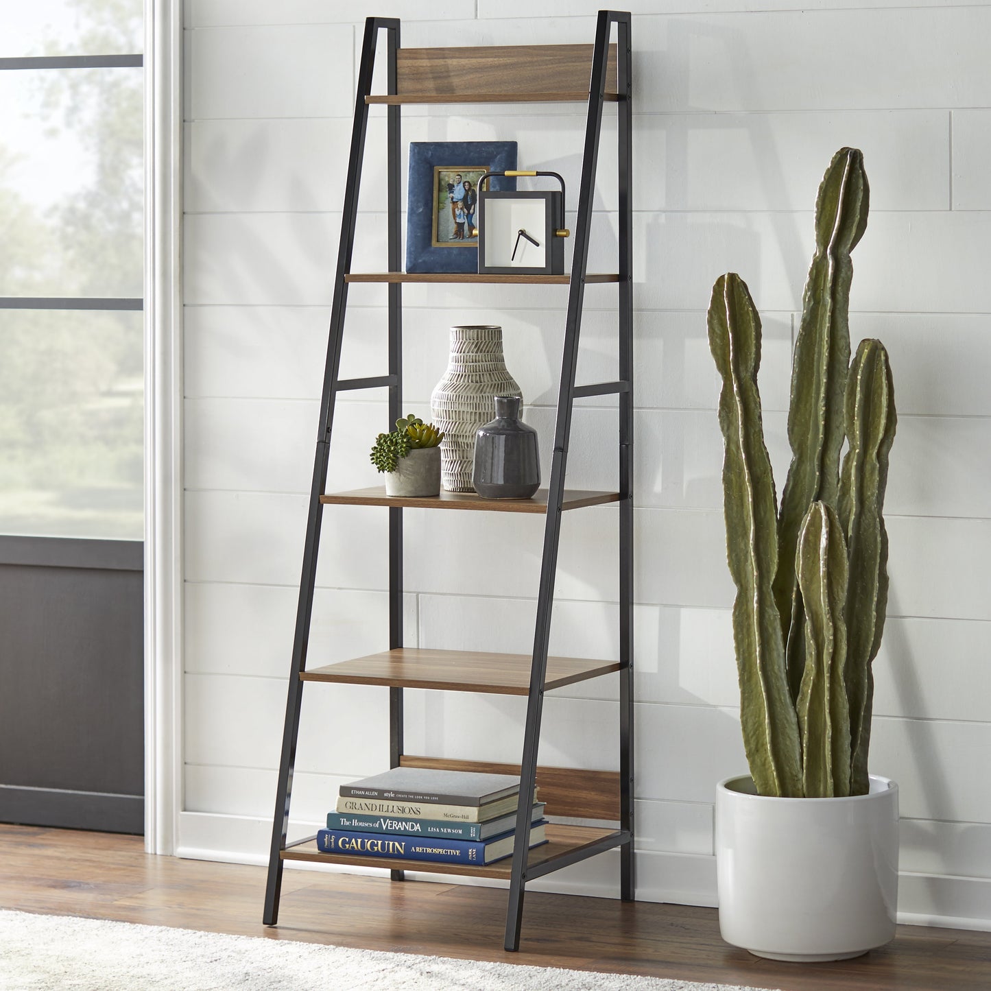 TMS Denton 5 Tier Ladder Bookcase, Walnut/Black