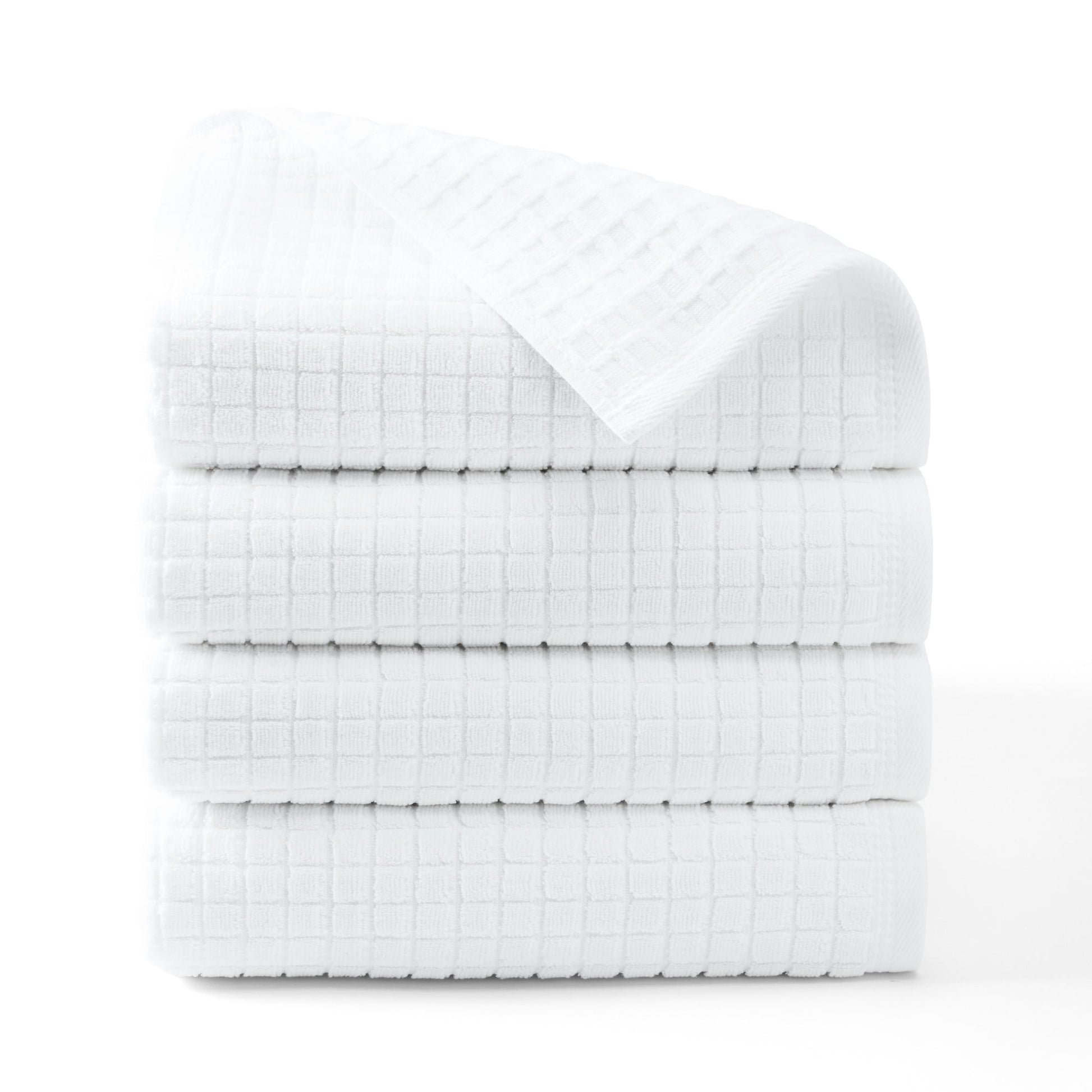 TOWN & COUNTRY EVERYDAY 4-Piece Textured Windowpane Bath Towel Set, 30"x58", 100% Cotton, Plush & Absorbent 550GSM, White