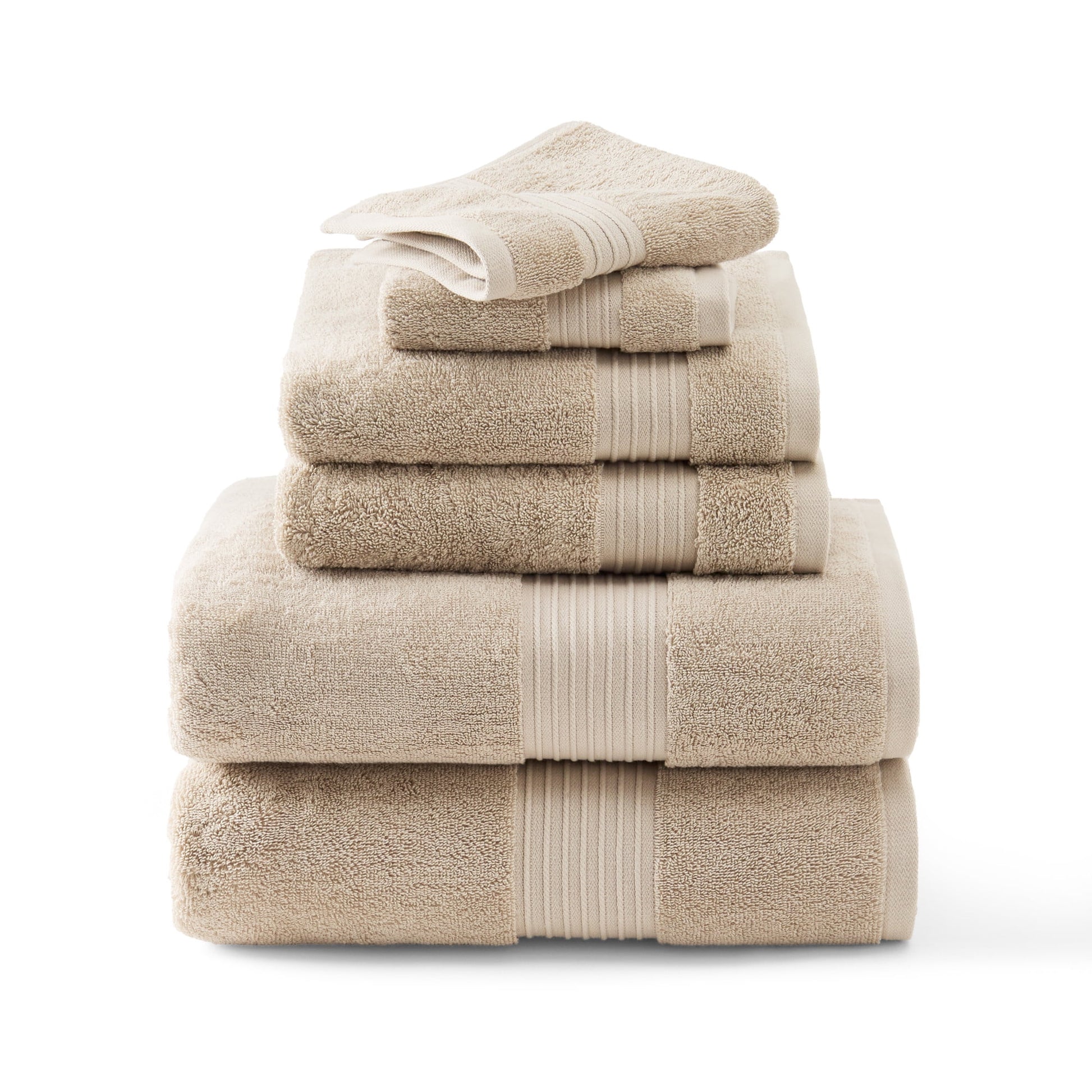 TOWN & COUNTRY EVERYDAY 6-Piece Assorted Solid Dobby Border Set, 2-Bath Towels, 2-Hand Towels, 2-Washcloths, 100% Cotton, Plush & Absorbent 650GSM, Beige