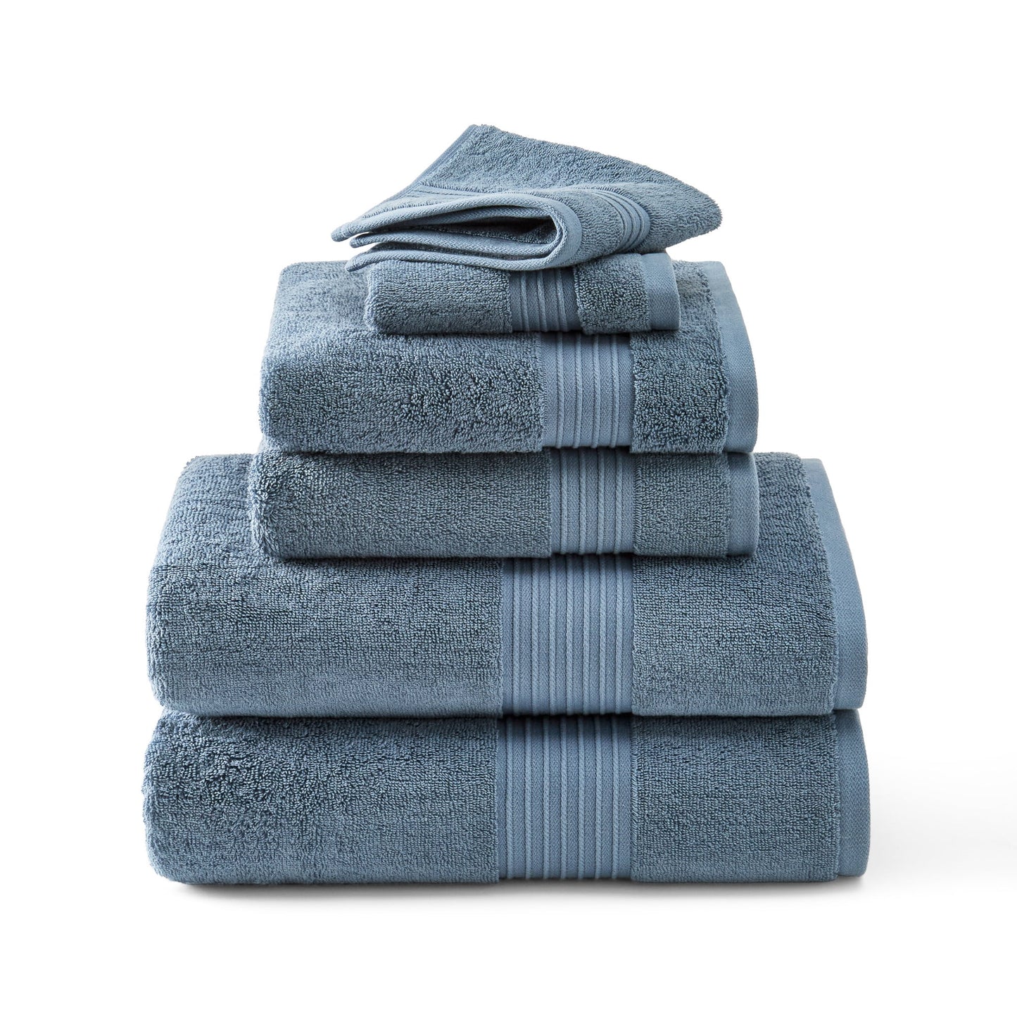 TOWN & COUNTRY EVERYDAY 6-Piece Assorted Solid Dobby Border Set, 2-Bath Towels, 2-Hand Towels, 2-Washcloths, 100% Cotton, Plush & Absorbent 650GSM, Blue