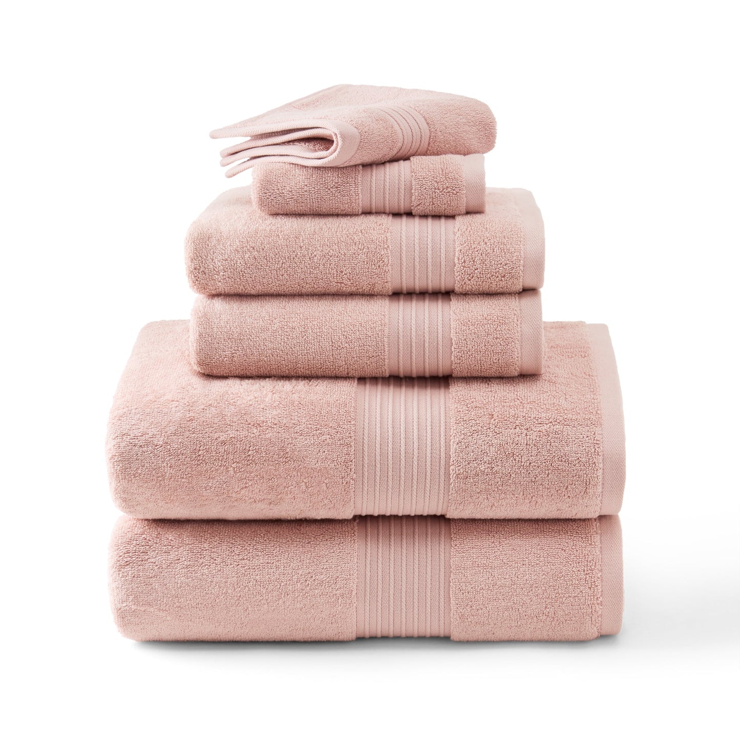 TOWN & COUNTRY EVERYDAY 6-Piece Assorted Solid Dobby Border Set, 2-Bath Towels, 2-Hand Towels, 2-Washcloths, 100% Cotton, Plush & Absorbent 650GSM, Blush