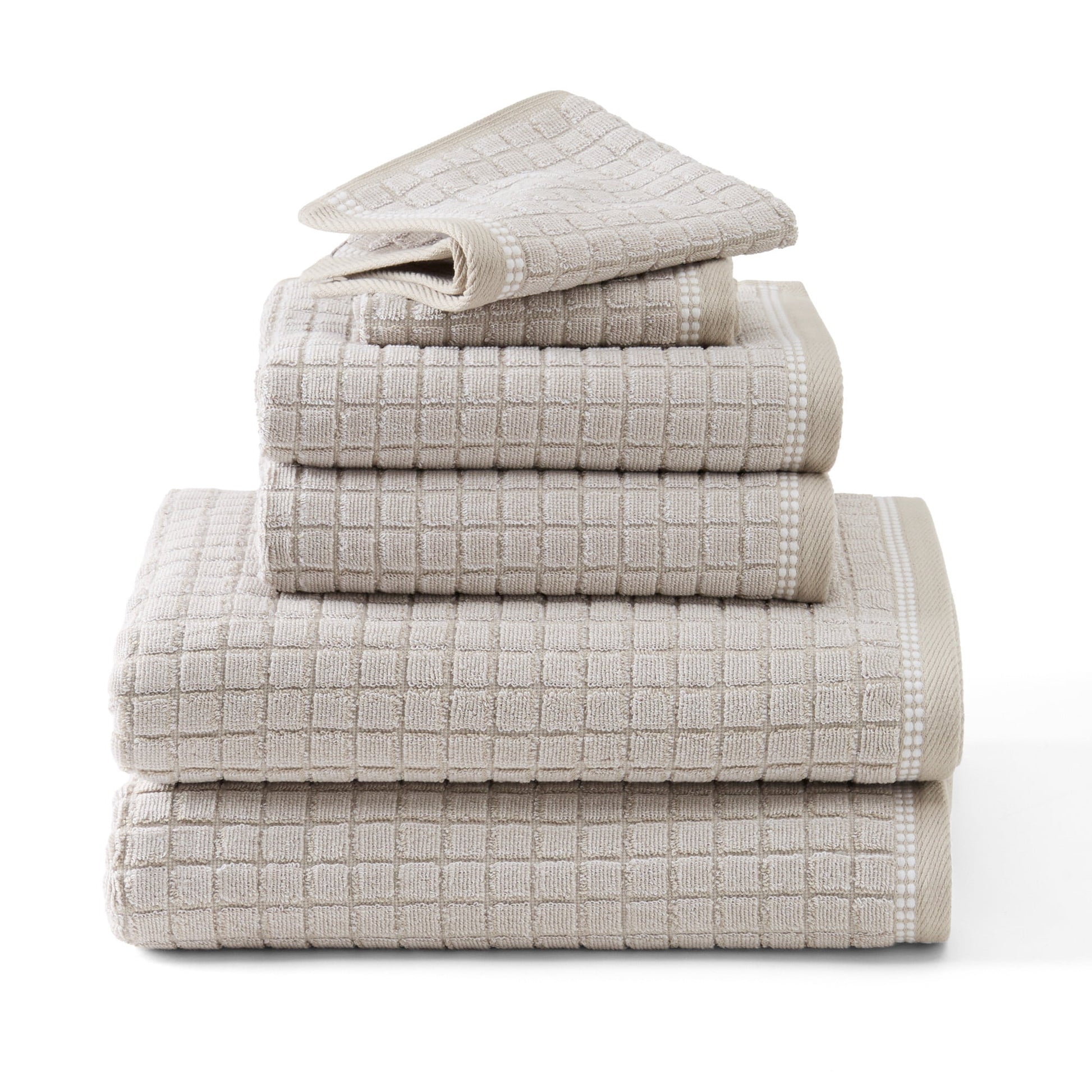 TOWN & COUNTRY EVERYDAY 6-Piece Textured Windowpane Set, 2-Bath Towels, 2-Hand Towels, 2-Washcloths, 100% Cotton, Plush & Absorbent 550GSM, Beige