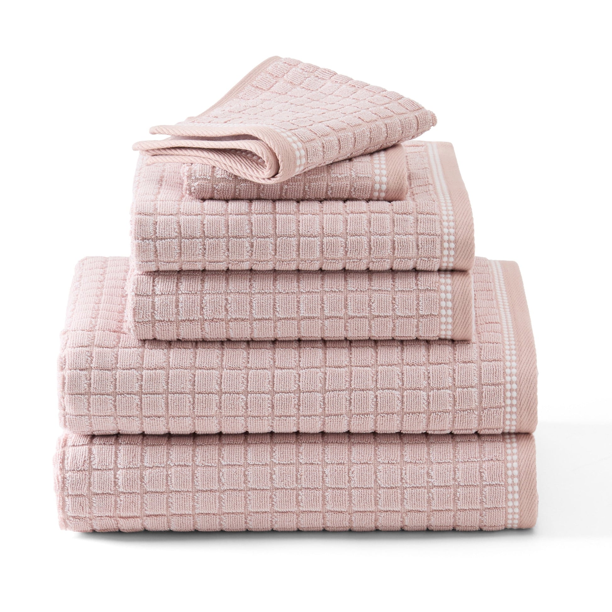 TOWN & COUNTRY EVERYDAY 6-Piece Textured Windowpane Set, 2-Bath Towels, 2-Hand Towels, 2-Washcloths, 100% Cotton, Plush & Absorbent 550GSM, Blush
