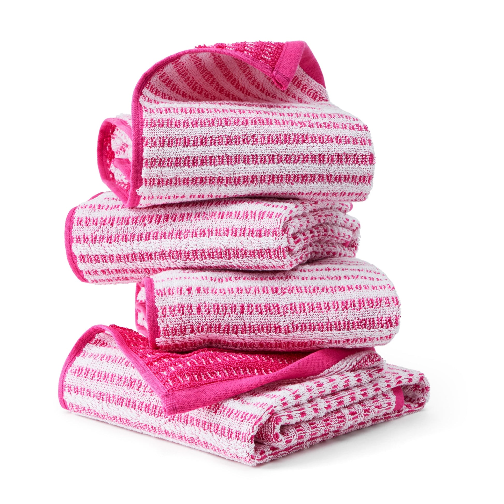 TOWN & COUNTRY PLAY 4-Piece Striped Reversible Terry Brights Hand Towel Set, 20"x30", 100% BCI Cotton, Plush & Absorbent 550GSM, Flamingo Pink