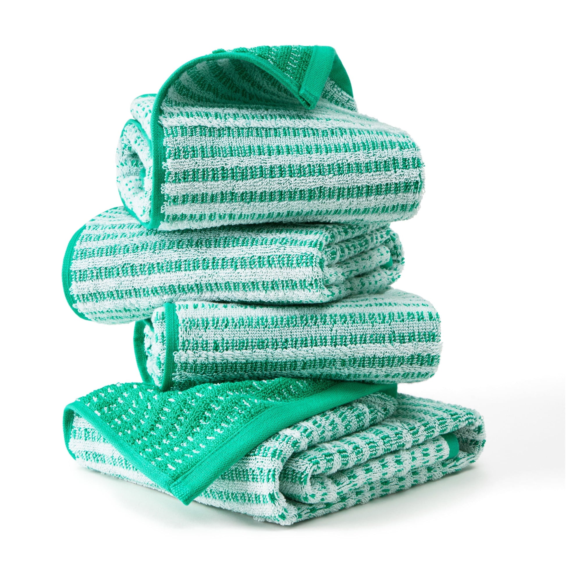 TOWN & COUNTRY PLAY 4-Piece Striped Reversible Terry Brights Hand Towel Set, 20"x30", 100% BCI Cotton, Plush & Absorbent 550GSM, Tropical Green