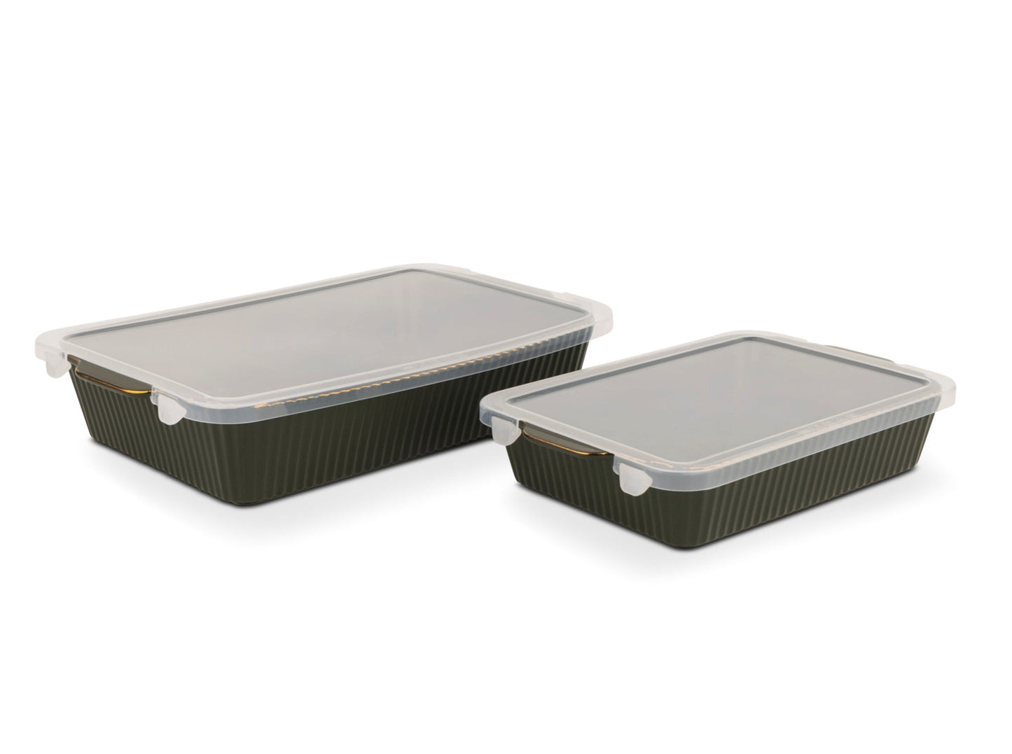 Thyme & Table Juego de ReposterÃ­a de Gres de 4 Piezas, Incluye Tapas, Moldes para Hornear de 9"x13", 7"x10" con Tapas, Acanalado Verde