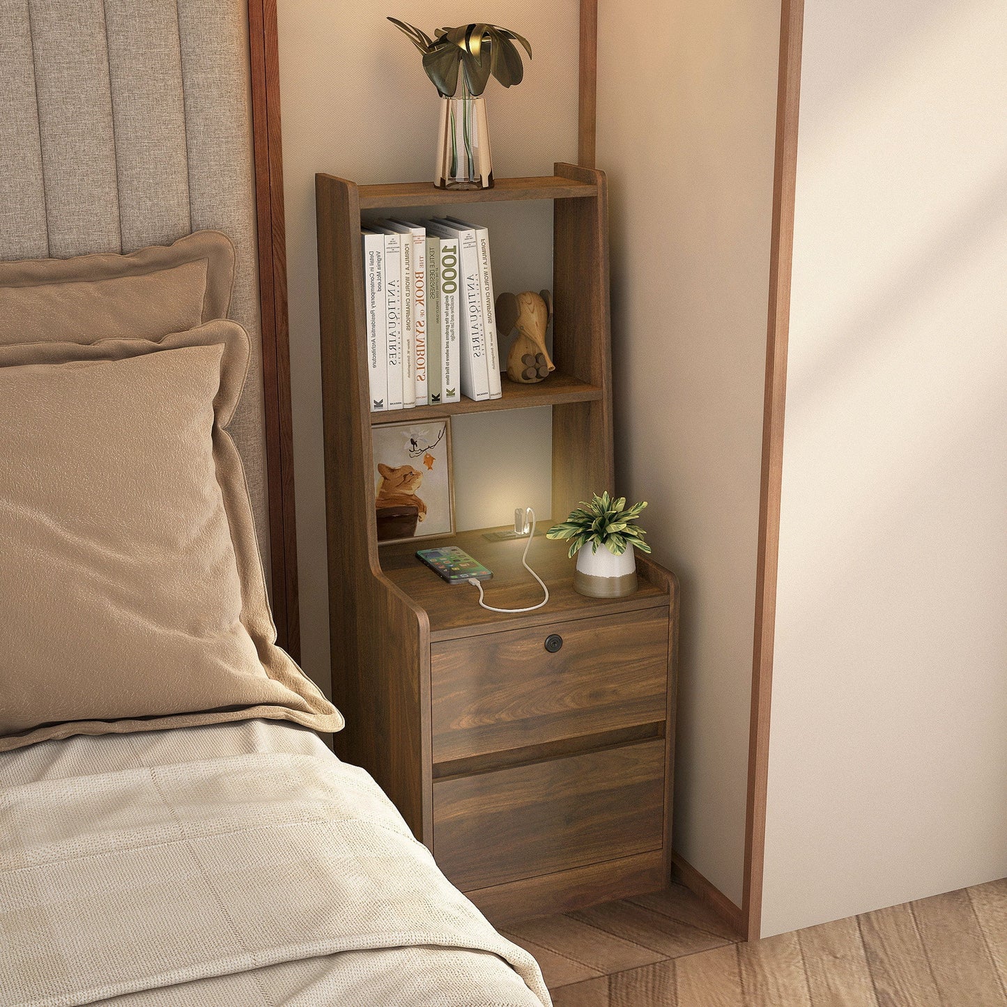 Tall Nightstand with Charging Station,Modern Bedside Tables with Storage Shelves & 2 Drawers for Bedroom,Black