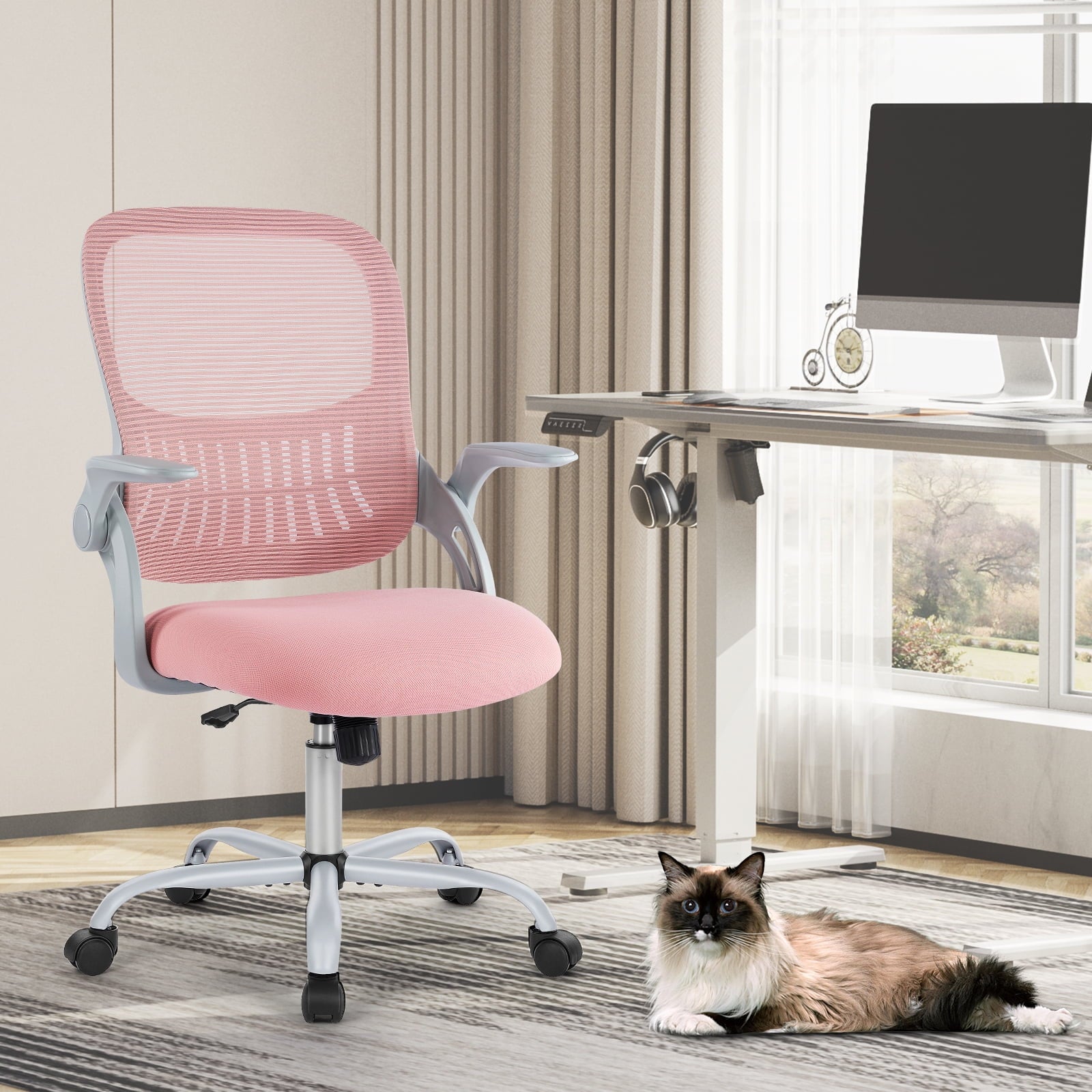 Tall Office Chair for Standing Desk with Adjustable Foot Ring, Counter Height Swivel Chair with Movable Armrests - Pink