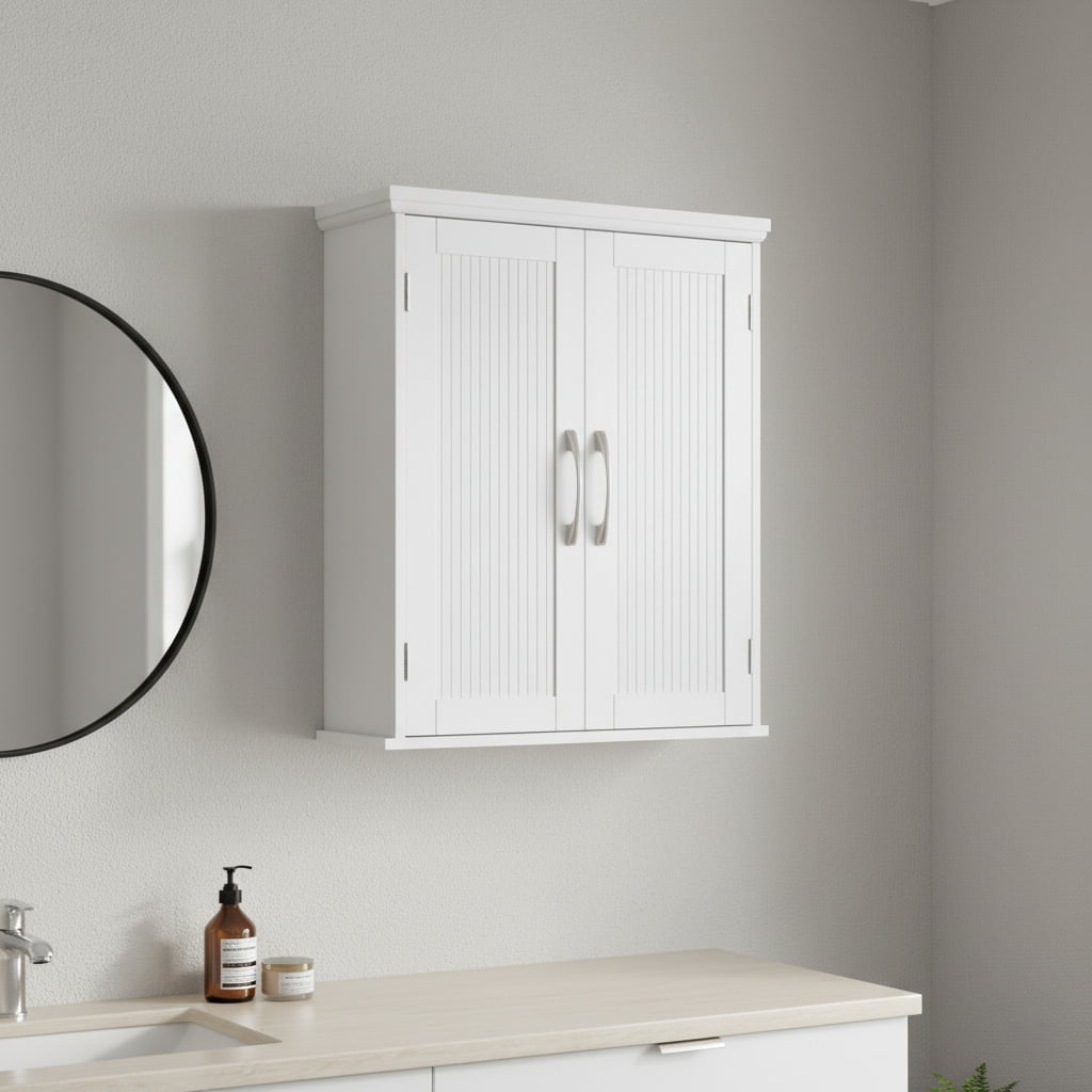 Teamson Home Newport Wall Mounted Storage Cabinet with 2 Doors, Adjustable Shelf and Brushed Nickel Handles, White