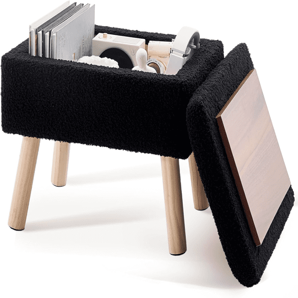 Teddy Fleece Storage Stool, Rectangular Ottoman with Hidden Compartment, Sturdy Wood Frame for Entryway/Bedroom/Living Room