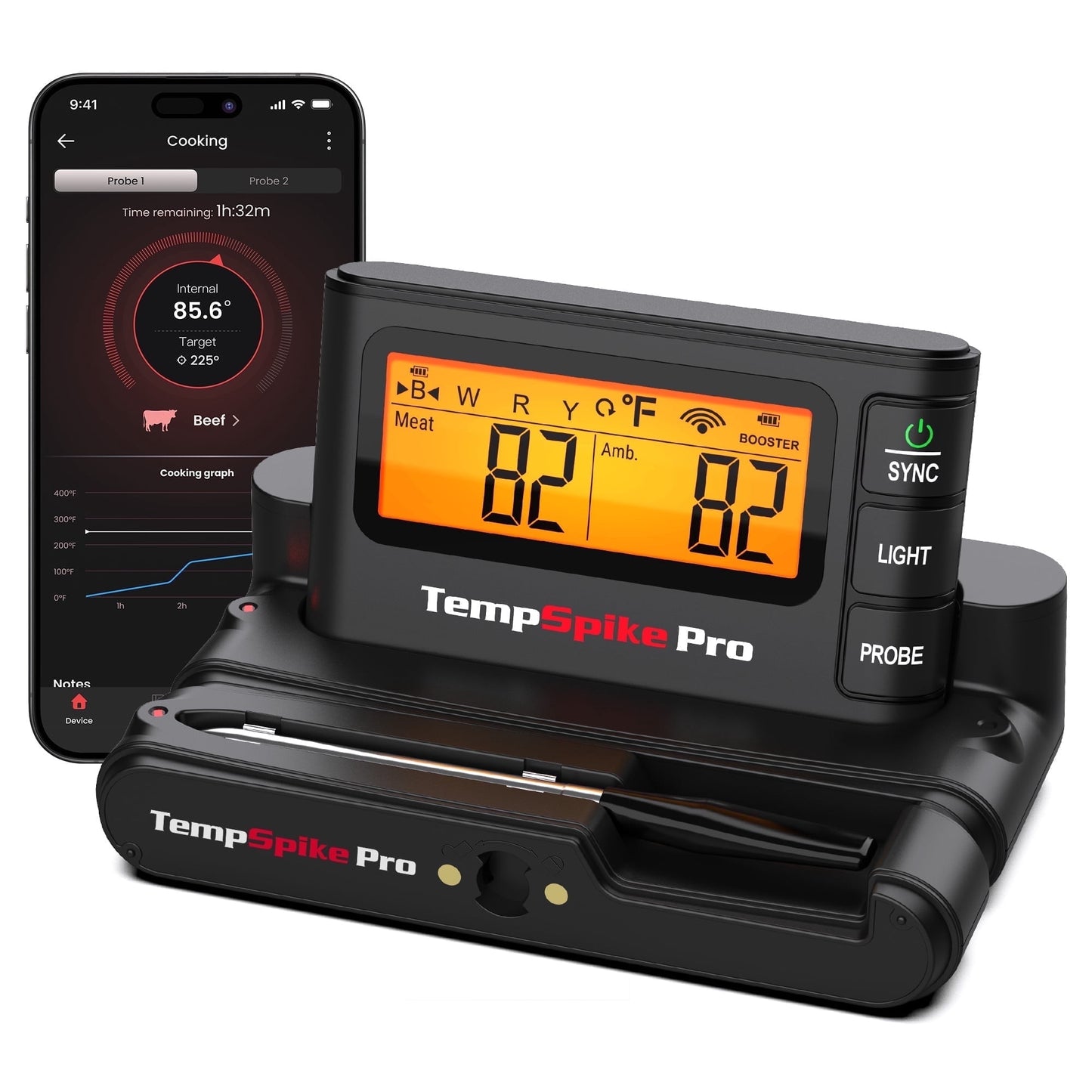 TempSpike Pro WiFi Bluetooth Wireless Meat Thermometer Digital, Unlimited Range, Detachable Thin Meat Probe & Standalone Base
