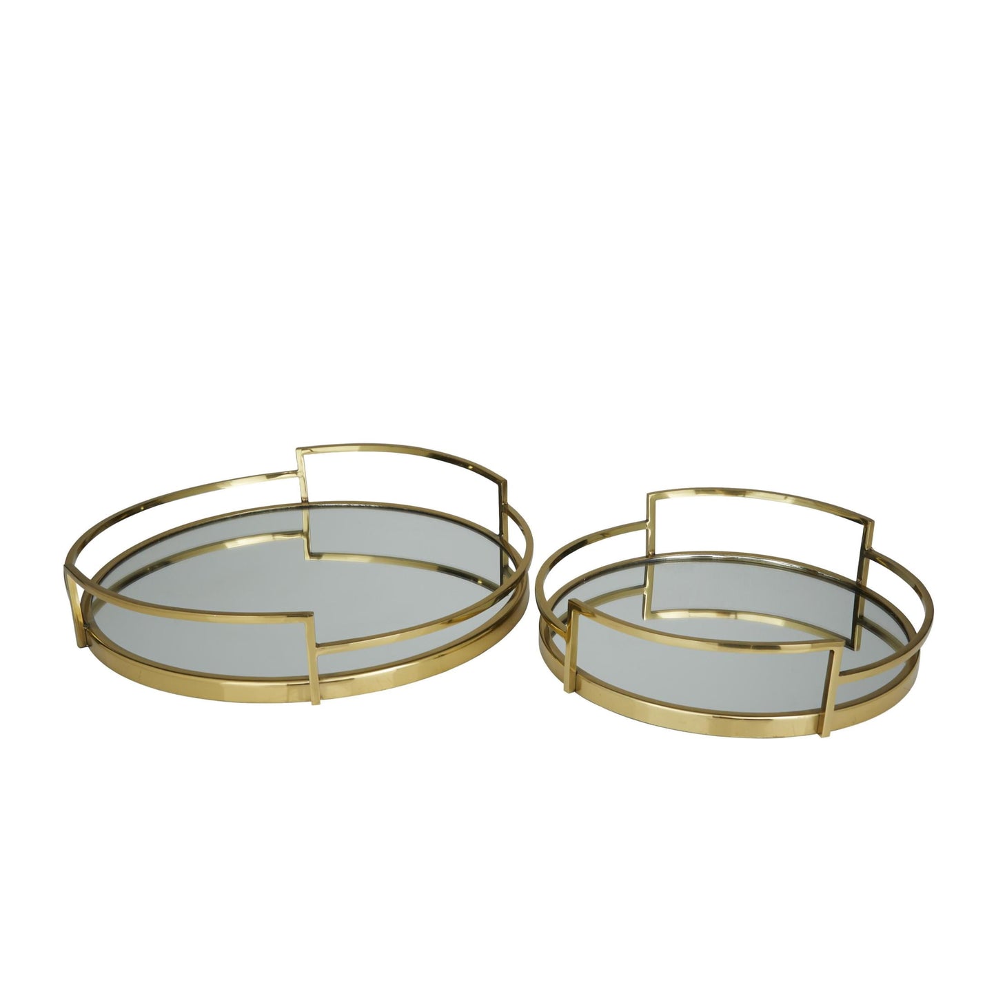 DecMode 19", 14"W Gold Stainless Steel Metal Round Mirrored Tray with Elevated Rim and Handles, 2-Pieces