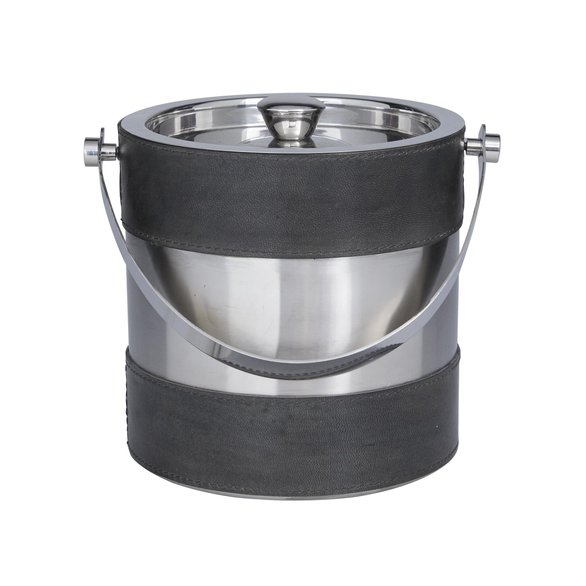 DecMode Round Leather Handmade Gray Ice Bucket with Lid