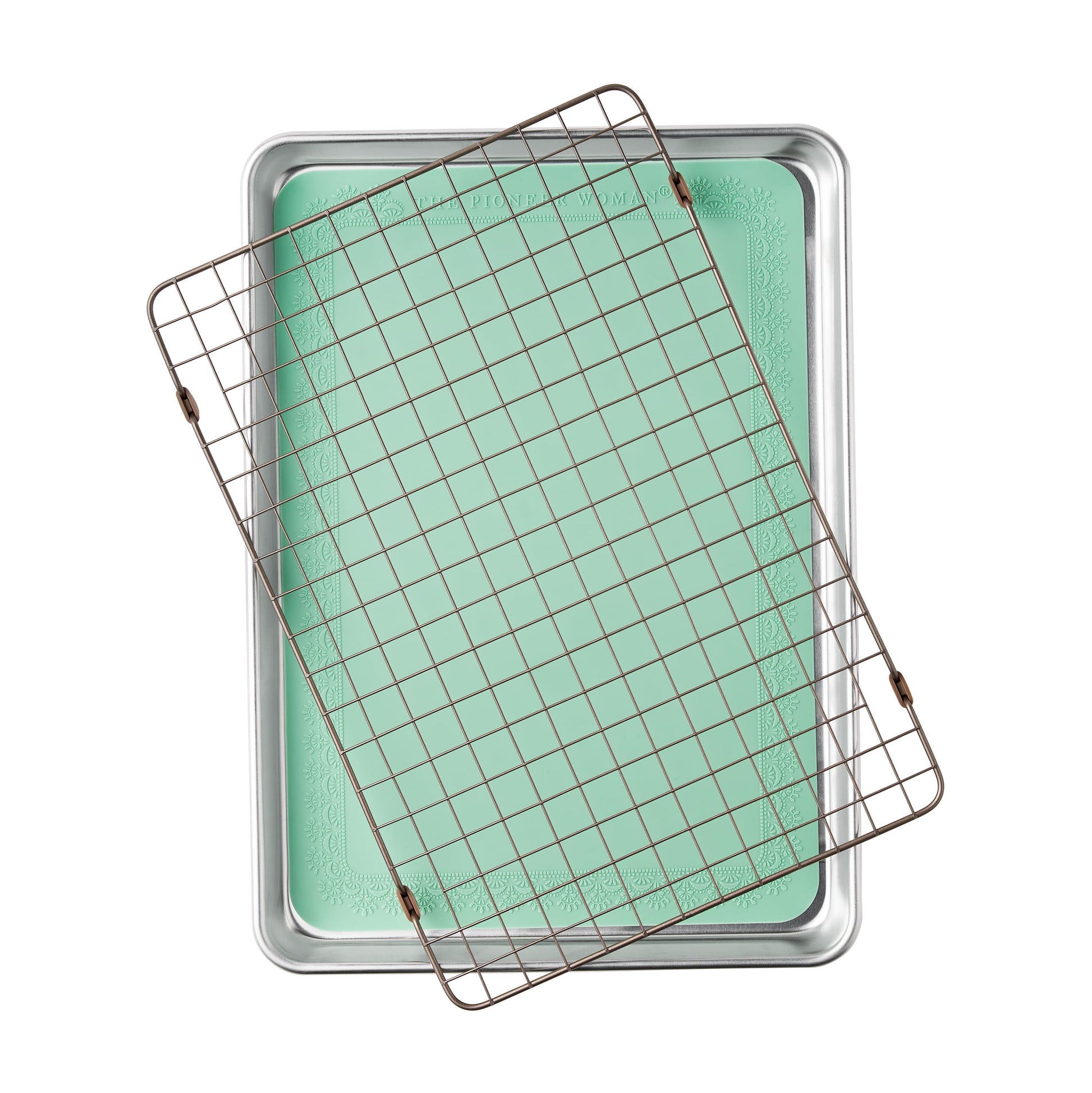 The Pioneer Woman Aluminum Sheet Pan Set with Wire Rack & Silicone Baking Mat, 3-Piece, 13"x18"