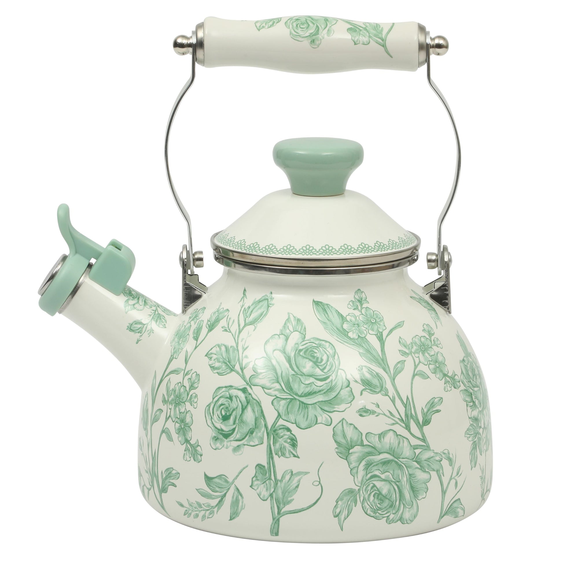 The Pioneer Woman Agatha 2.0-Quart Enamel on Steel Whistling Tea Kettle, Green