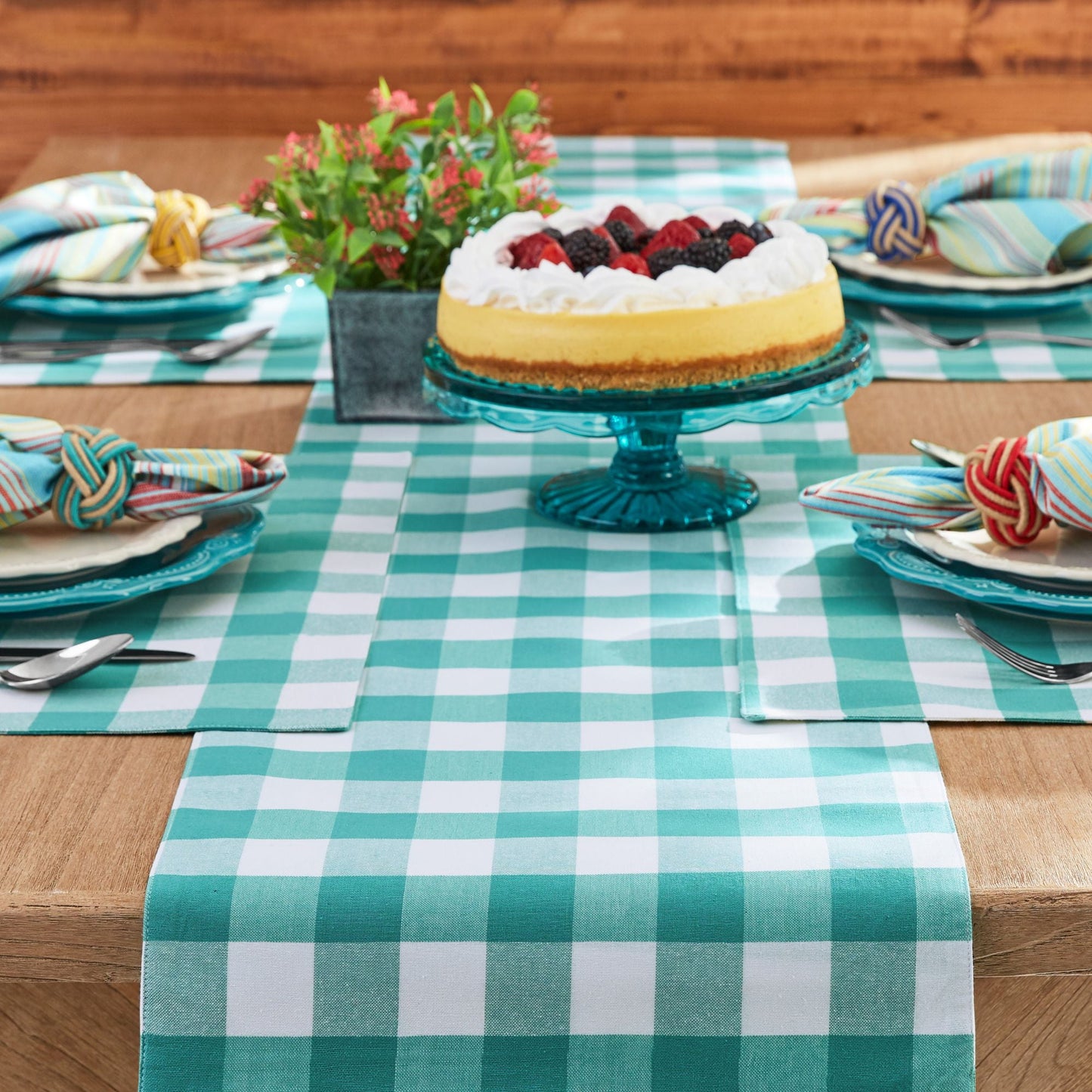 The Pioneer Woman Charming Check Placemat, Table Runner, Napkin, and Napkin Ring Set, 13 Piece, Teal