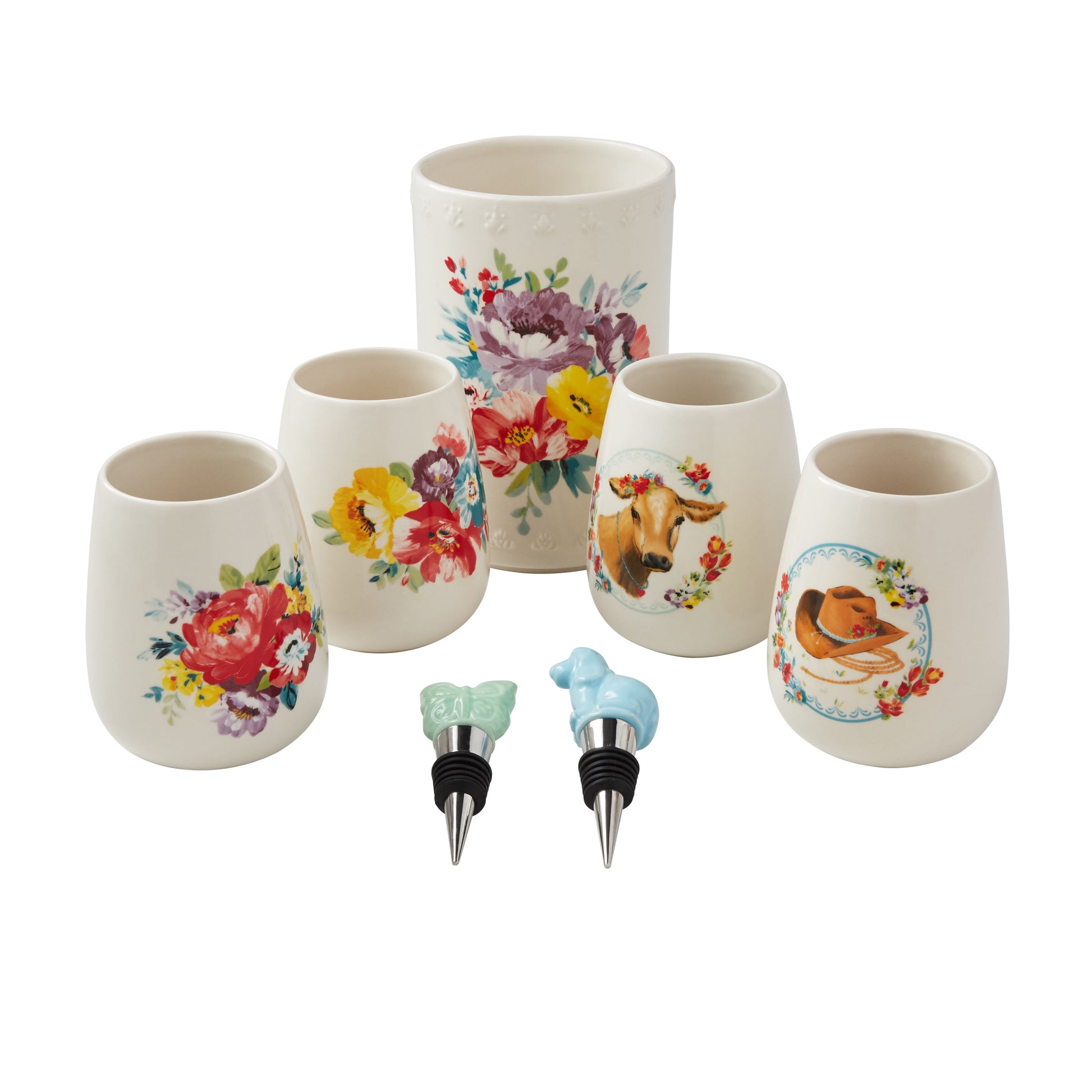 The Pioneer Woman Sweet Rose 7-Piece Stoneware Stemless Wine Glasses Set with Chiller