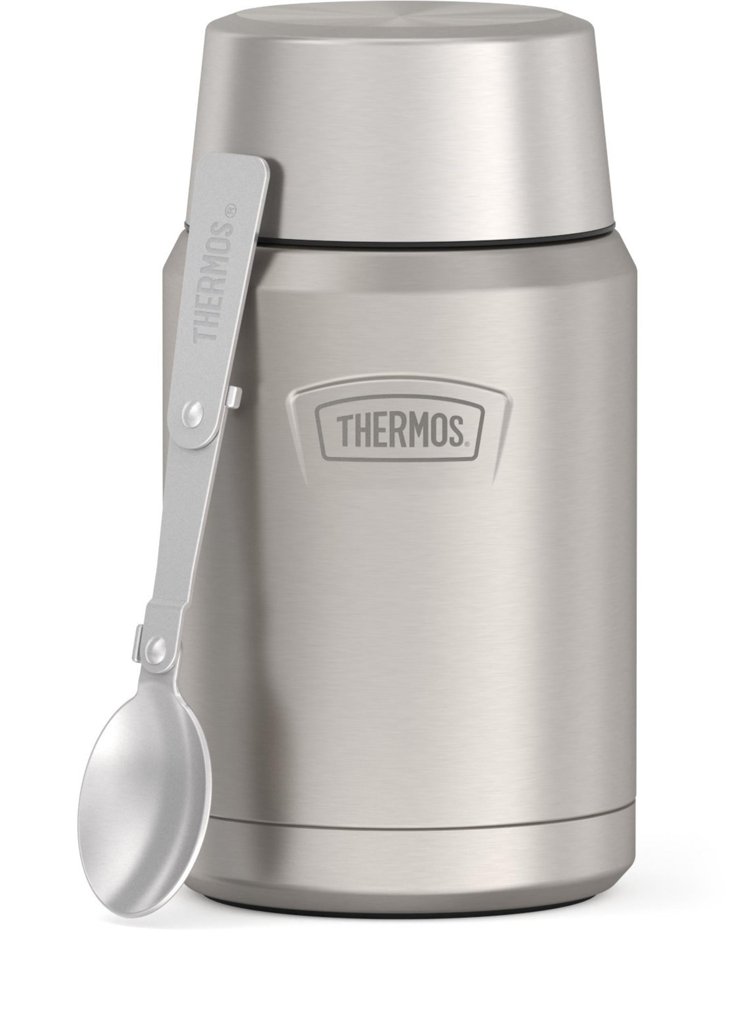 Thermos Vacuum Insulated Food Jar w/ Folding Spoon, 24oz, Matte Stainless, Well Suited to Hot or Cold Meals Away from Home, Made for Portable Food Storage