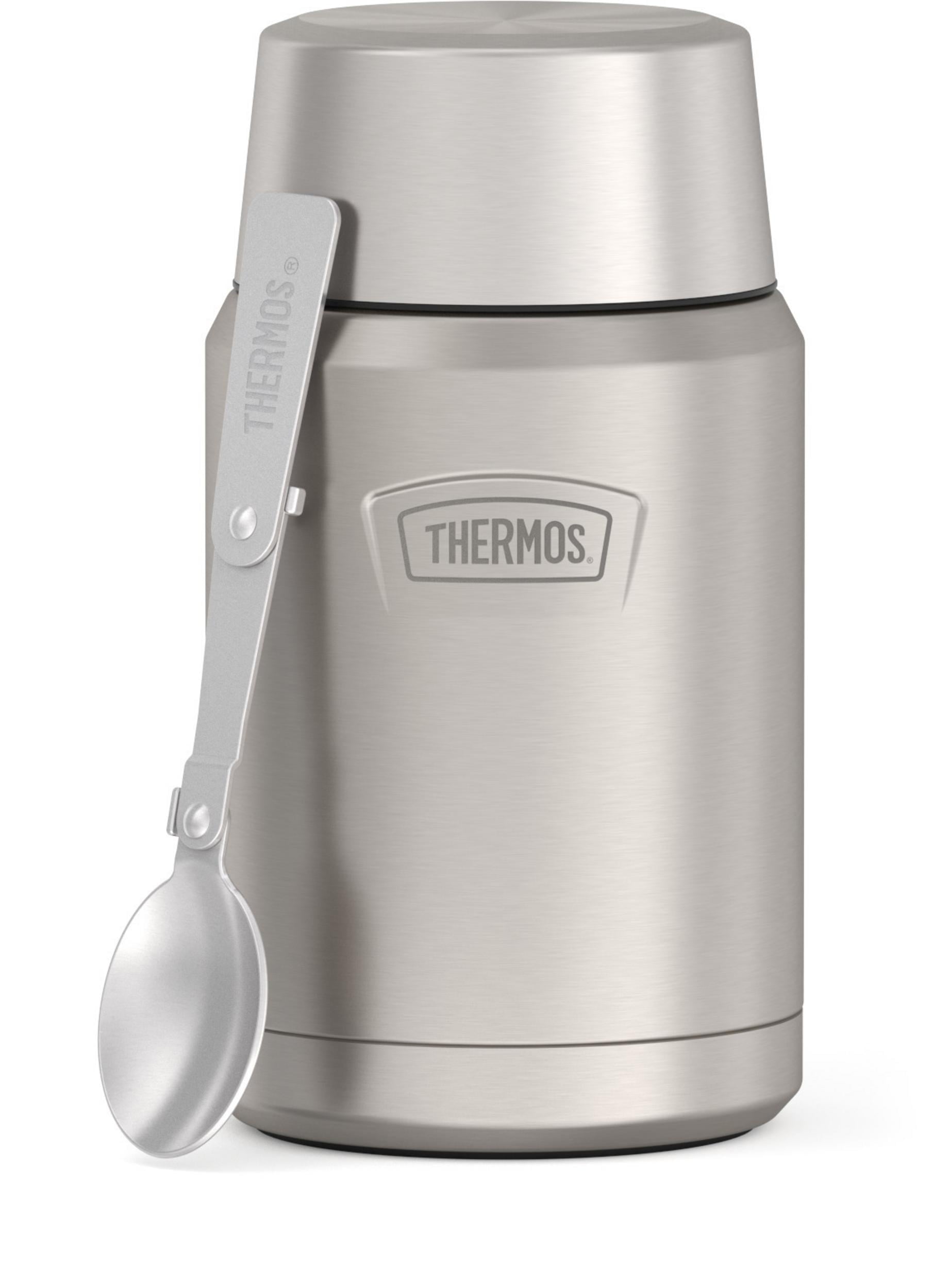 Thermos Vacuum Insulated Food Jar w/ Folding Spoon, 24oz, Matte Stainless, Well Suited to Hot or Cold Meals Away from Home, Made for Portable Food Storage
