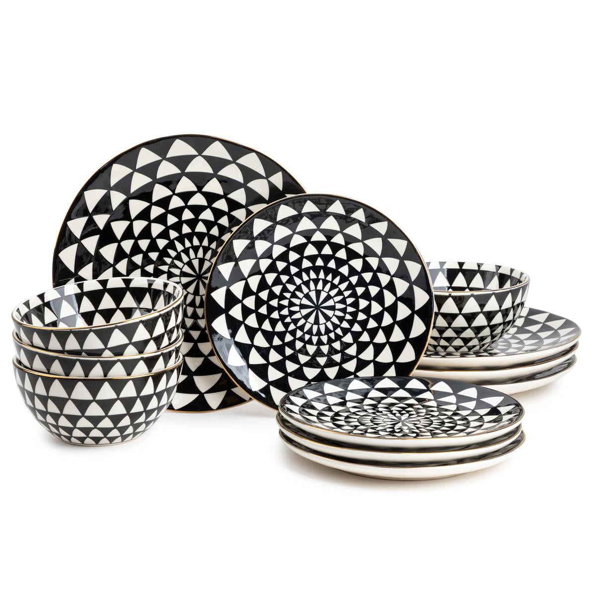 Thyme & Table Medallion Juego de Vajilla de CerÃ¡mica de 12 Piezas Blanco y Negro