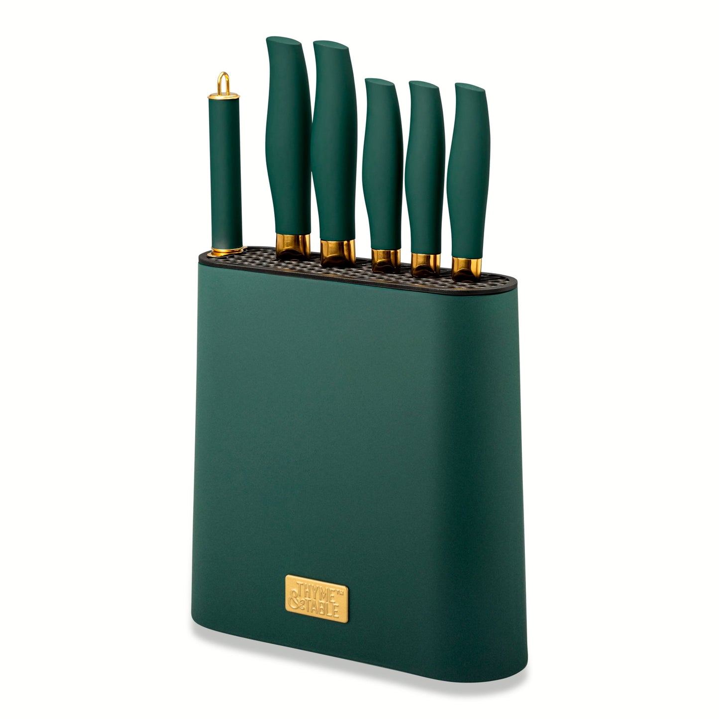 Thyme & Table Juego de Cuchillos de Bloque Delgado de 7 Piezas - Verde y Dorado