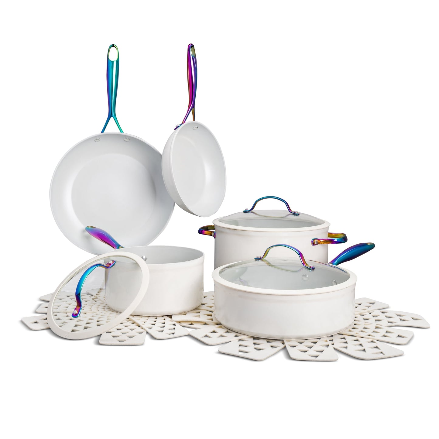Thyme & Table 12-Piece Non-Stick Signature Cookware Set, Pots and Pans Set - Cream Rainbow