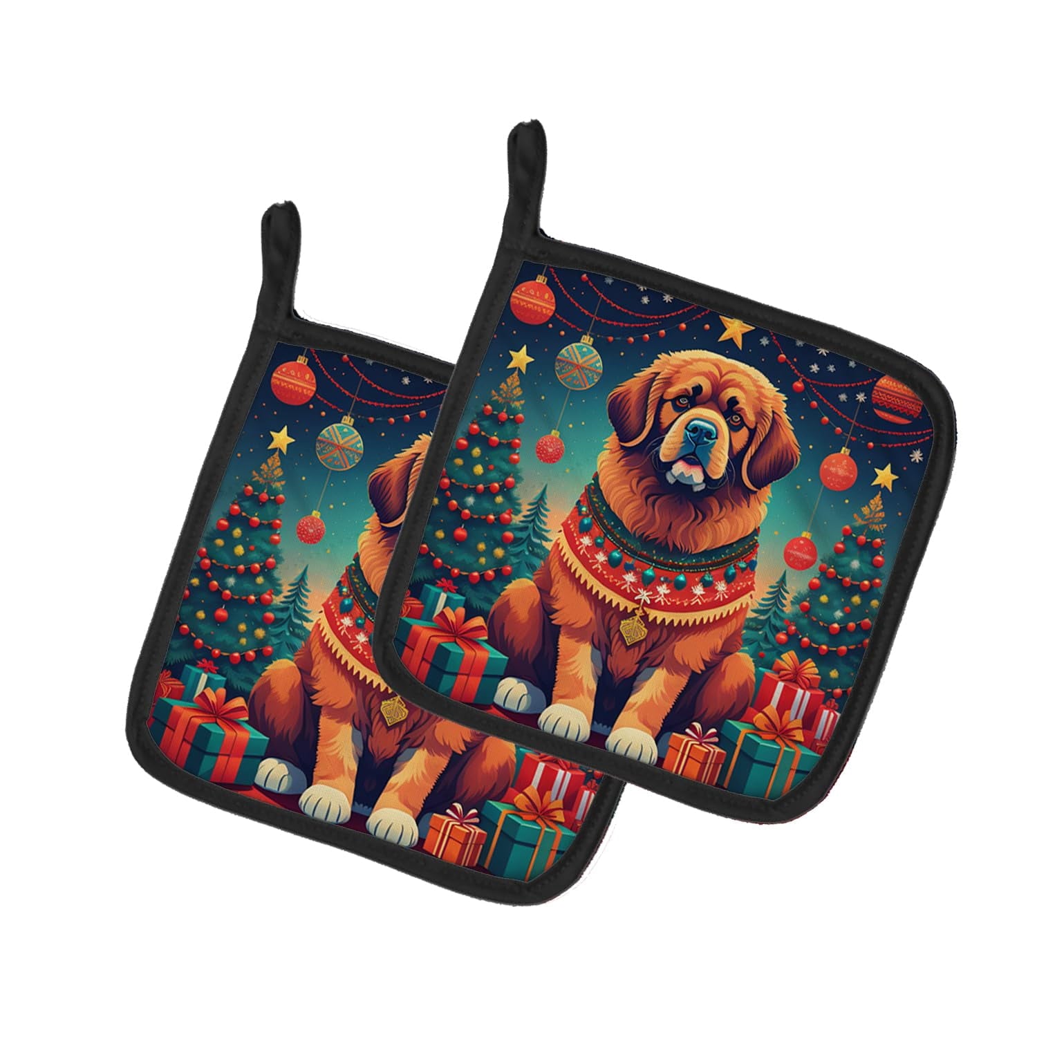 Tibetan Mastiff Christmas Pair of Pot Holders 7.5 in x 7.5 in