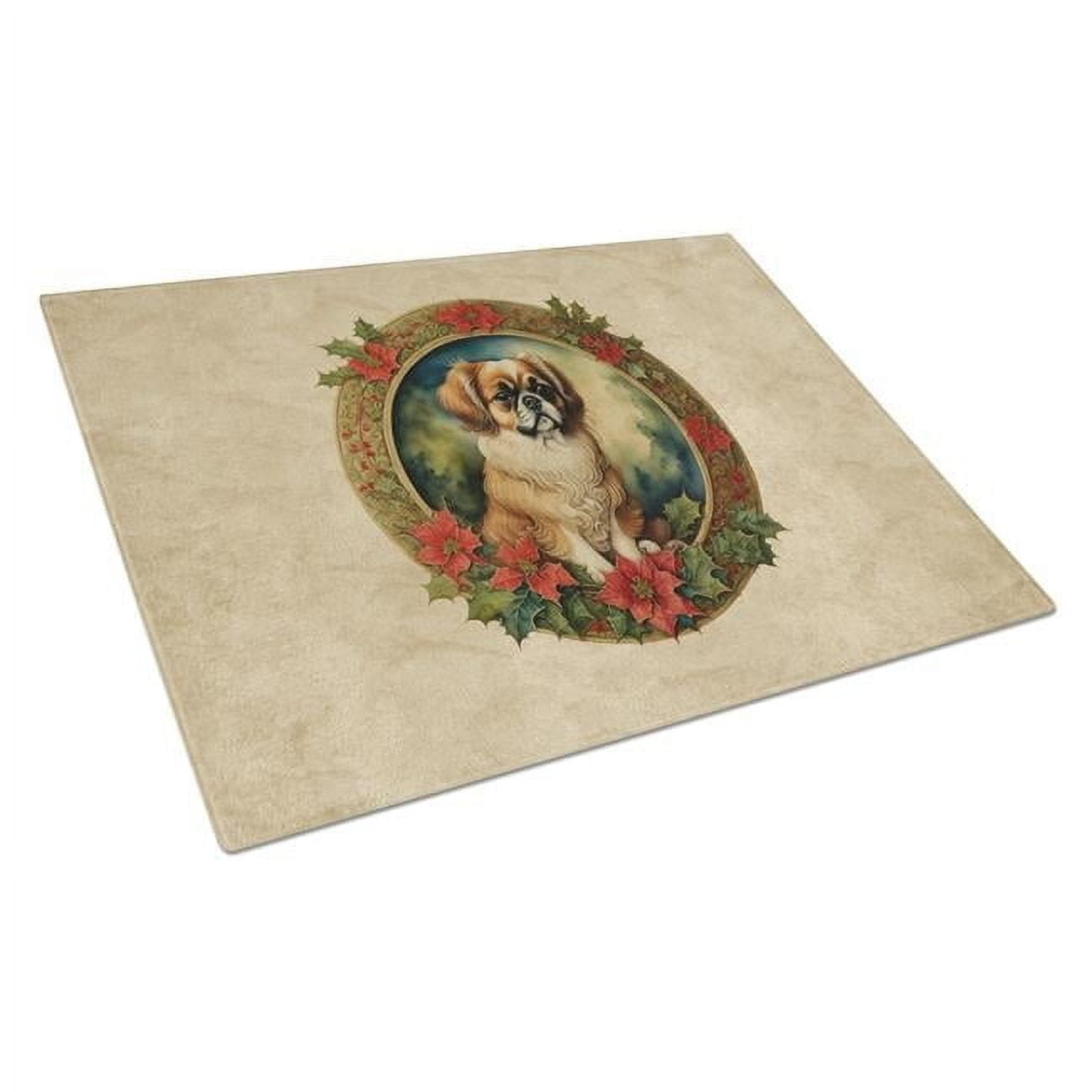 Tibetan Spaniel Christmas Flowers Glass Cutting Board 12 in x 15 in
