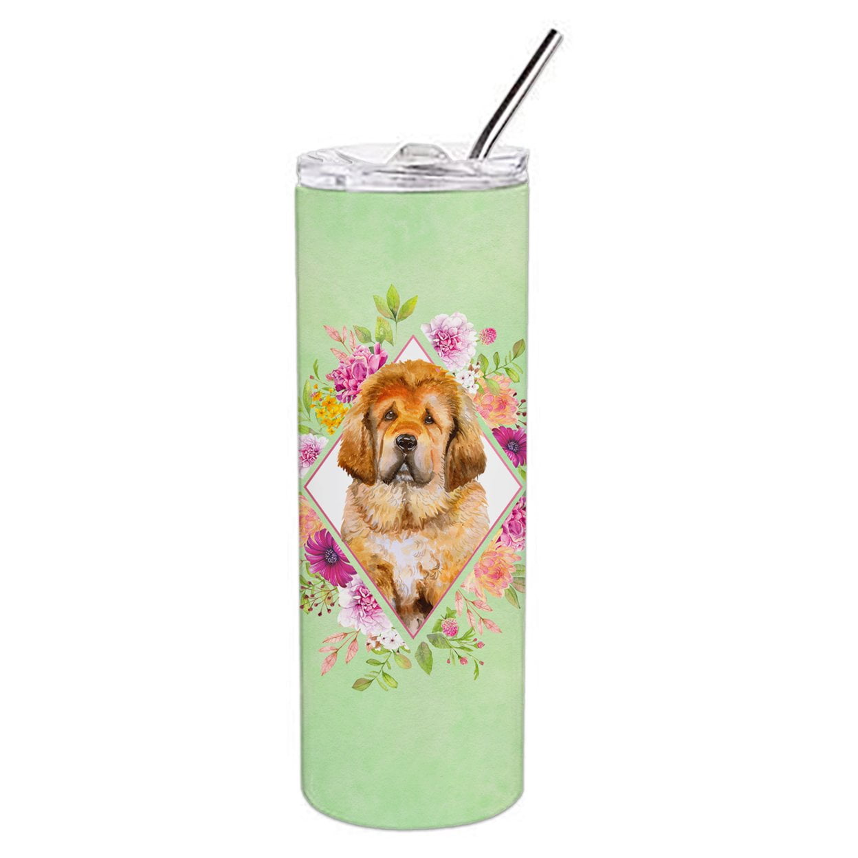 Tibetian Mastiff Puppy Green Flowers Double Walled Stainless Steel 20 oz Skinny Tumbler