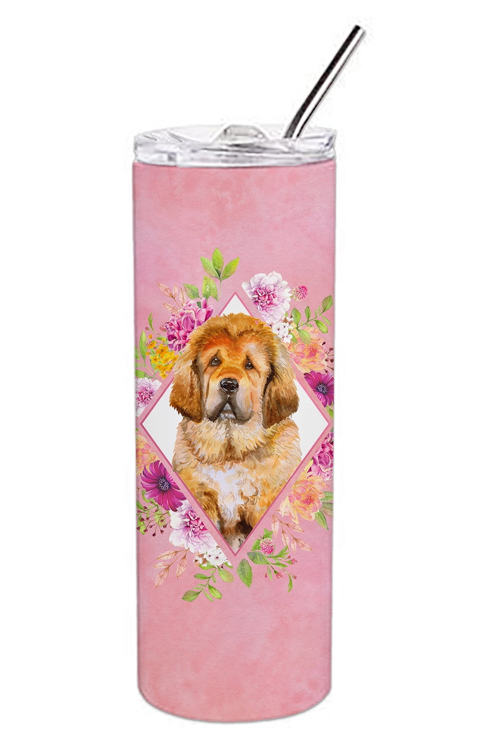 Tibetian Mastiff Puppy Pink Flowers Double Walled Stainless Steel 20 oz Skinny Tumbler