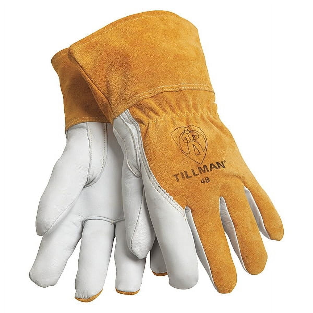 MIG Welding Gloves, Model 48M Top-Grain Goatskin Palm with Split Cowhide Back & Cuff, Small, Bourbon Brown/Pearl, 3Â½â€³ Shirred Cuff