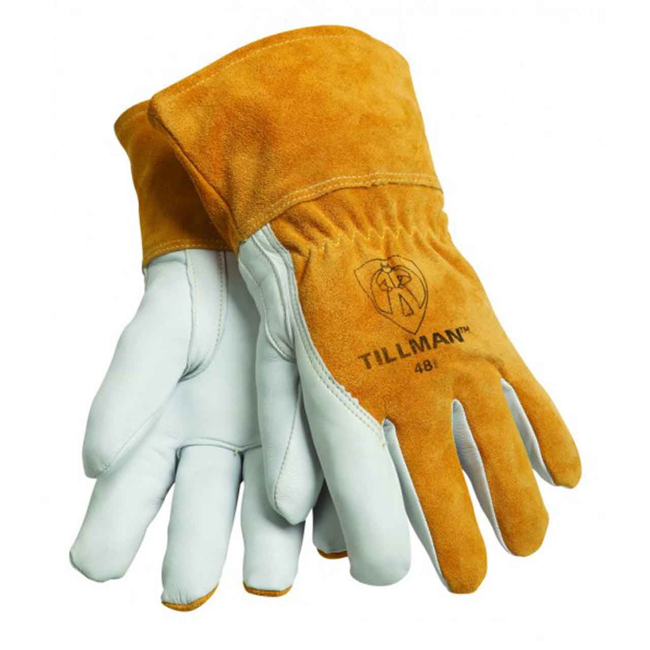 MIG Welding Gloves, Model 48S Top-Grain Goatskin Palm with Split Cowhide Back & Cuff, Small, Bourbon Brown/Pearl, 3Â½â€³ Shirred Cuff