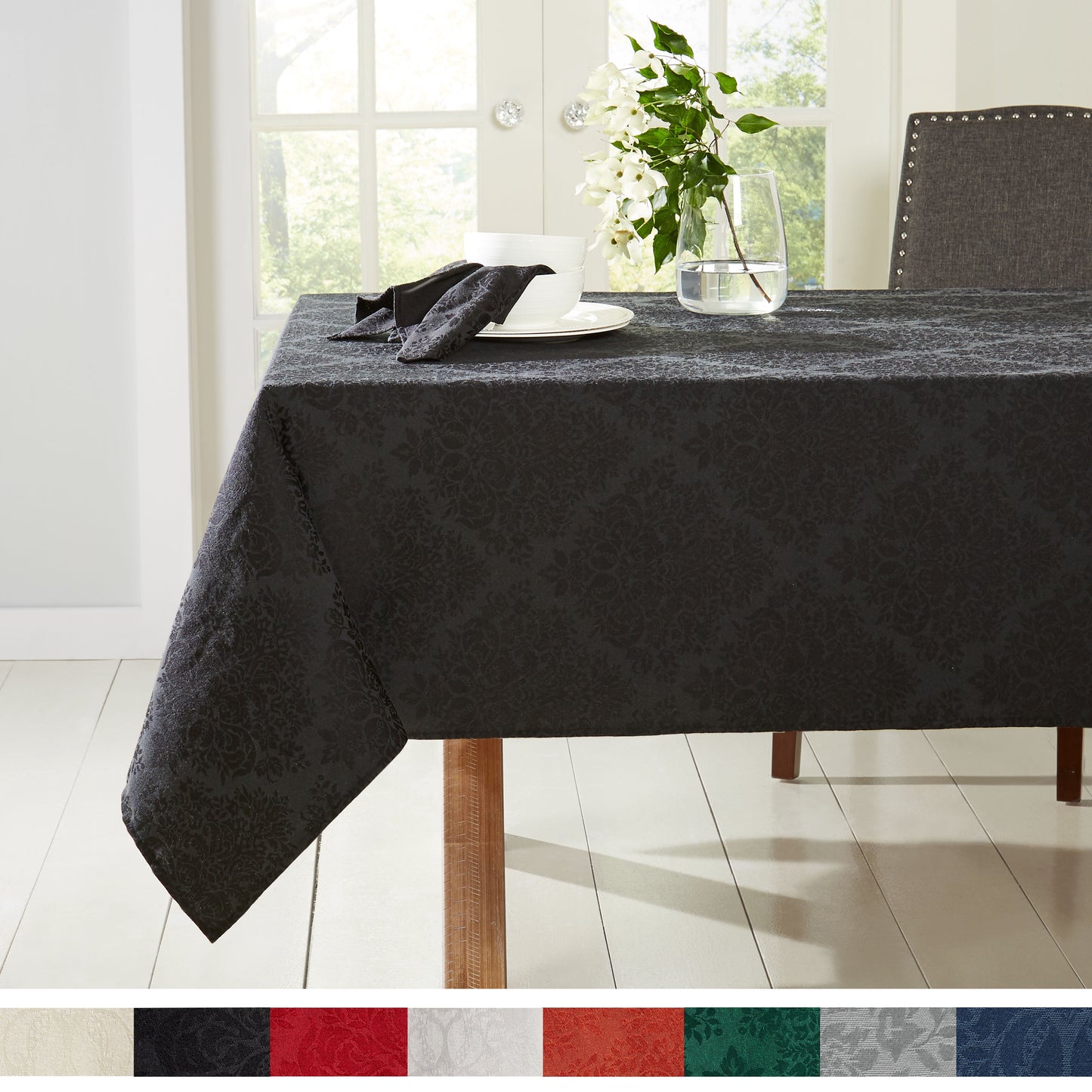 Town & Country Living Lexington Damask Tablecloth-Traditional/Stain Resistant/Machine Washable/Cotton Polyester Blend, 70"x160" Rectangle Black
