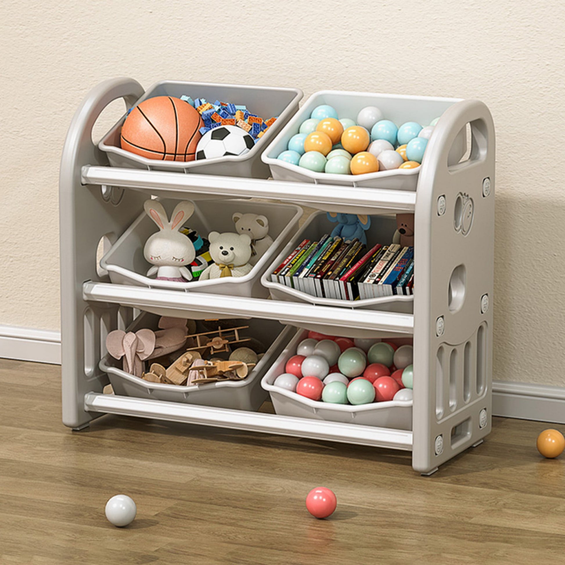 Toy Storage Organizer with 6 Bins,3-Tier Toy Storage Cabinet for Bedroom Playroom,Grey