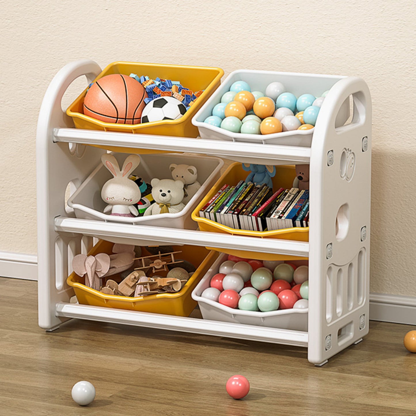 Toy Storage Organizer with 6 Bins,3-Tier Toy Storage Cabinet for Bedroom Playroom,Yellow