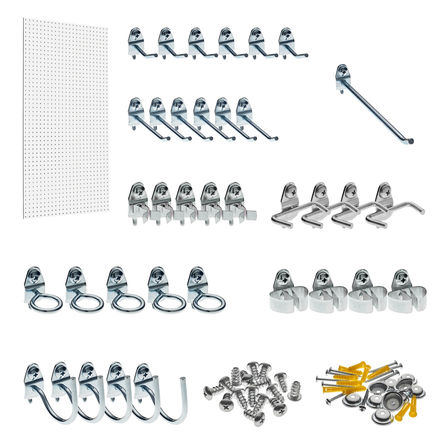 Triton ProductsÂ® Wall Ready White Pegboard Kit 24 In. W x 42 In. H x 1/4 In. D Heavy Duty High Density Fiberboard Round Hole Pegboards with 36 pc. Locking Hook Assortment