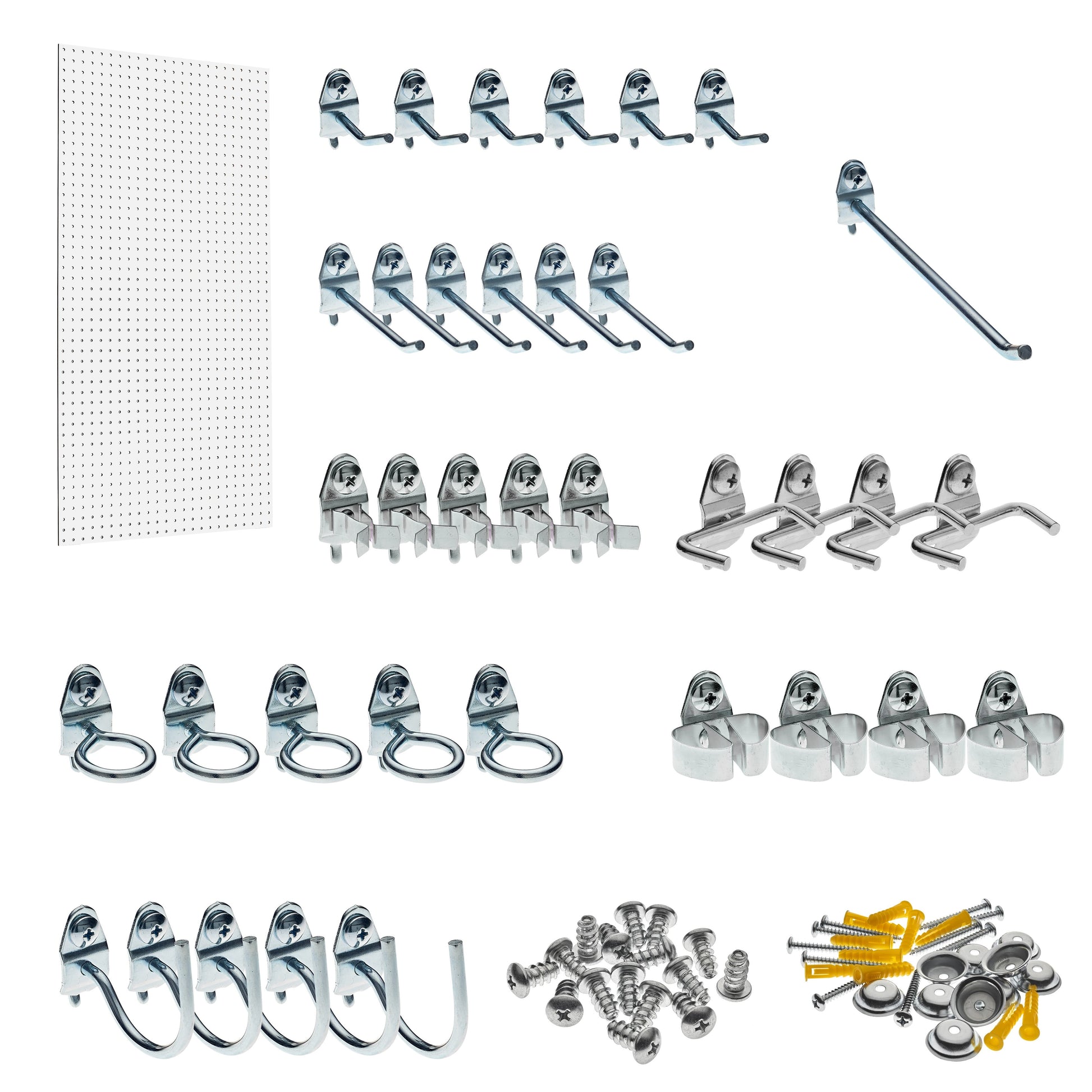Triton ProductsÂ® Wall Ready White Pegboard Kit 24 In. W x 42 In. H x 1/4 In. D Heavy Duty High Density Fiberboard Round Hole Pegboards with 36 pc. Locking Hook Assortment