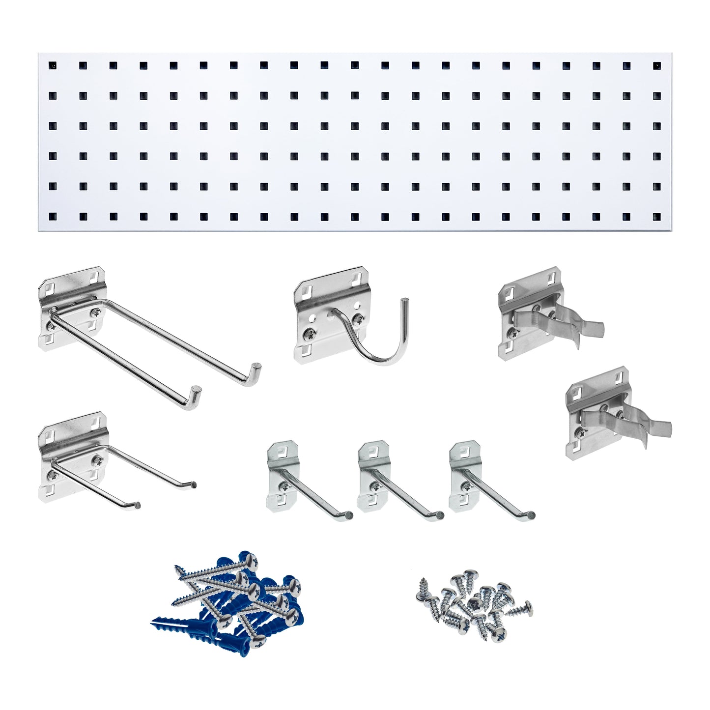 Triton ProductsÂ® White Garden Storage Kit with (1) 31.5 In. x 9 In. 18 Gauge Steel Square Hole Pegboard and 8 pc LocHook Assortment