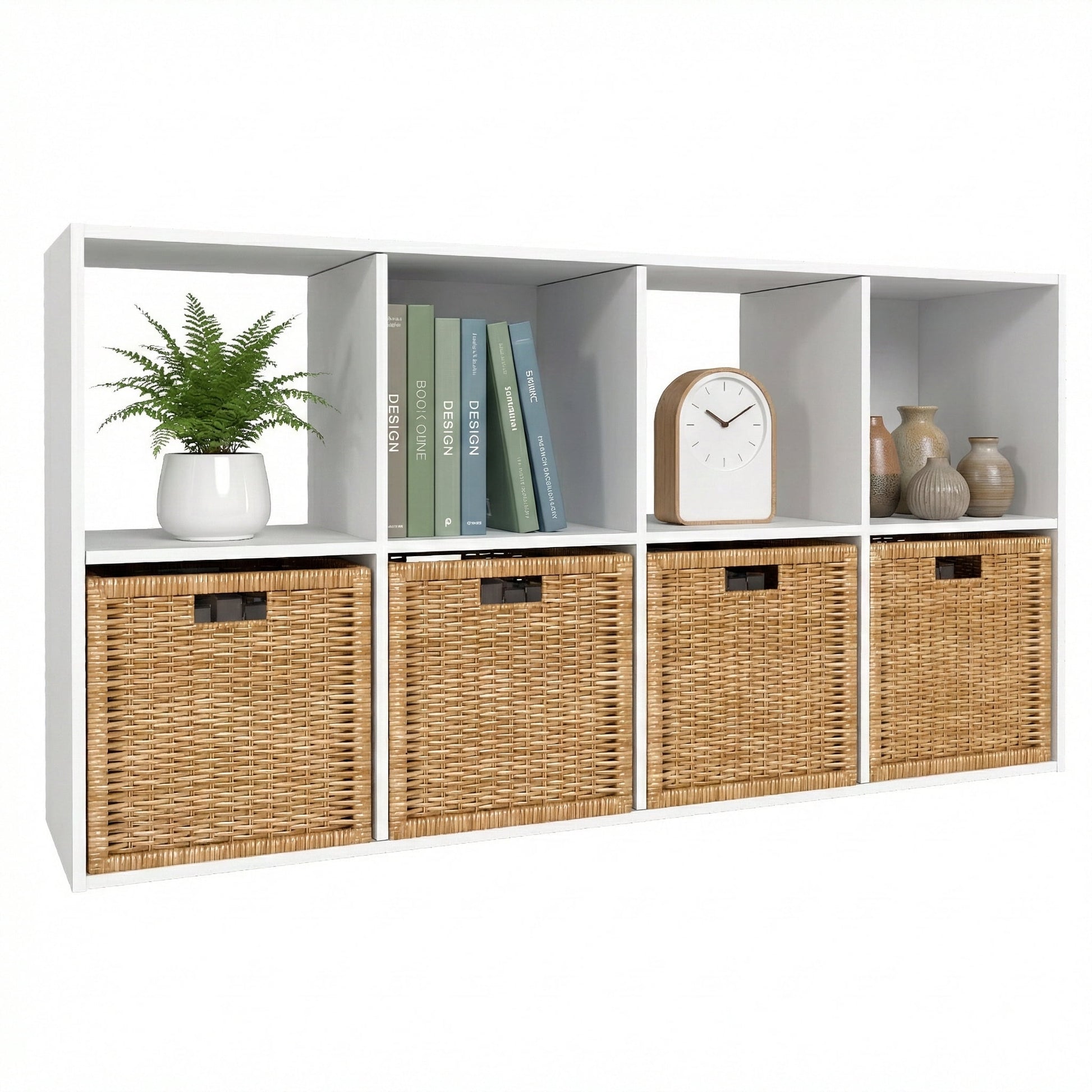 TrumanPick 8-Cube Bookcase, Floor Standing Horizontal Bookshelf with Open Shelves & Anti-Tipping Kits, Cube Storage Organizer, Home Office Wooden Storage Book Shelf for Living Room, Study, White