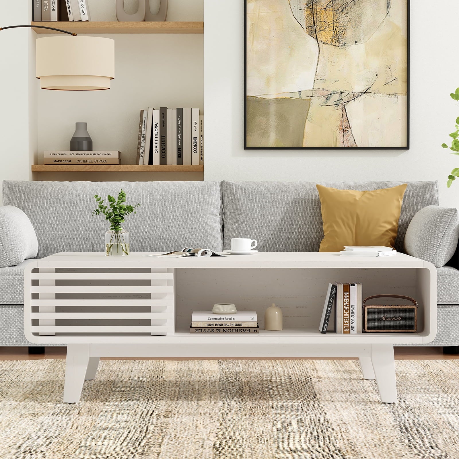 TrumanPick Mid Century Farmhouse Wood Coffee Table with Storage, for Living Room