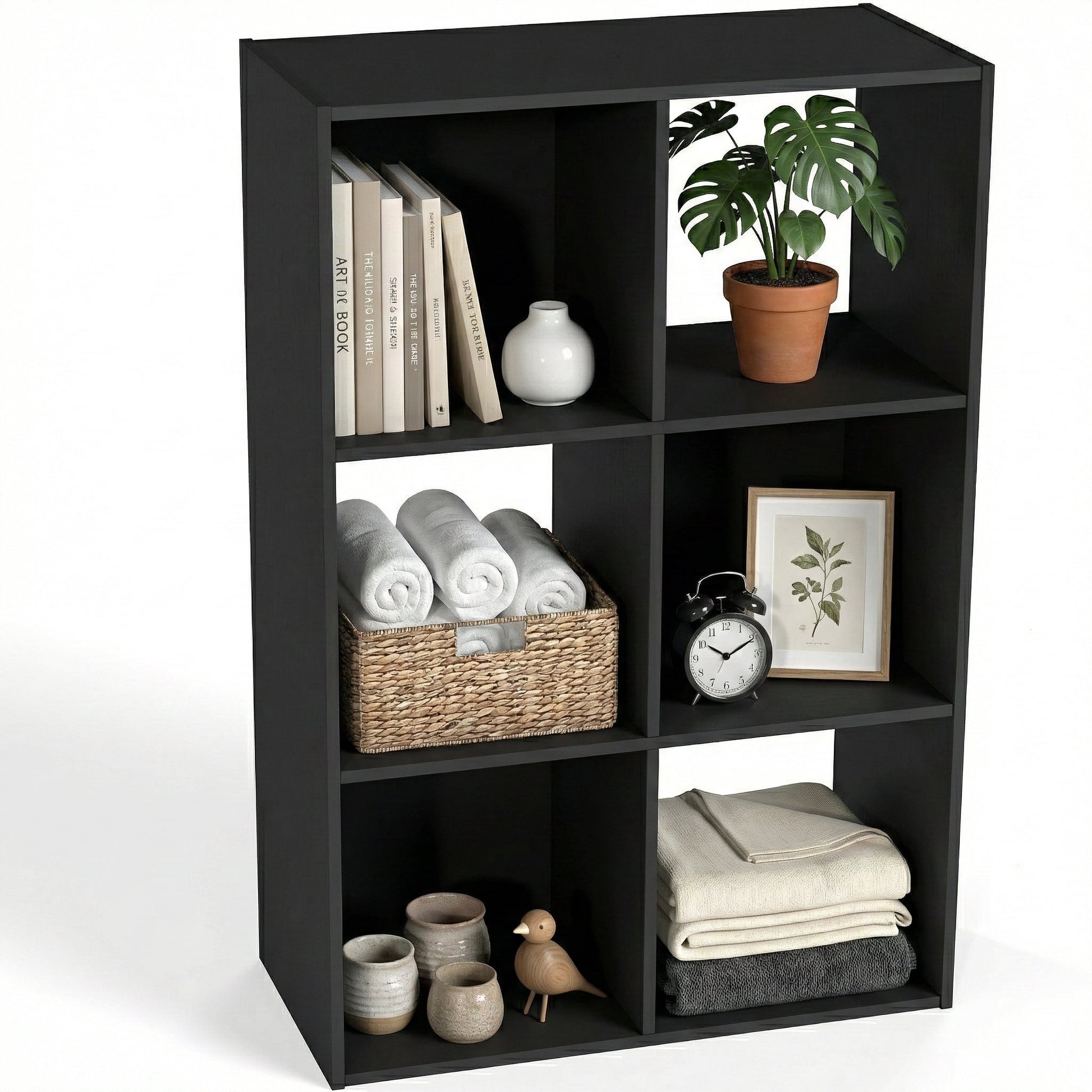 TrumanPick Stackable 6 Cube Storage Organizer, Wood Cubes Shelf, Square Cubicle Bookshelf Cabinet, Open Storage Shelf for Home&Office Organization, Black